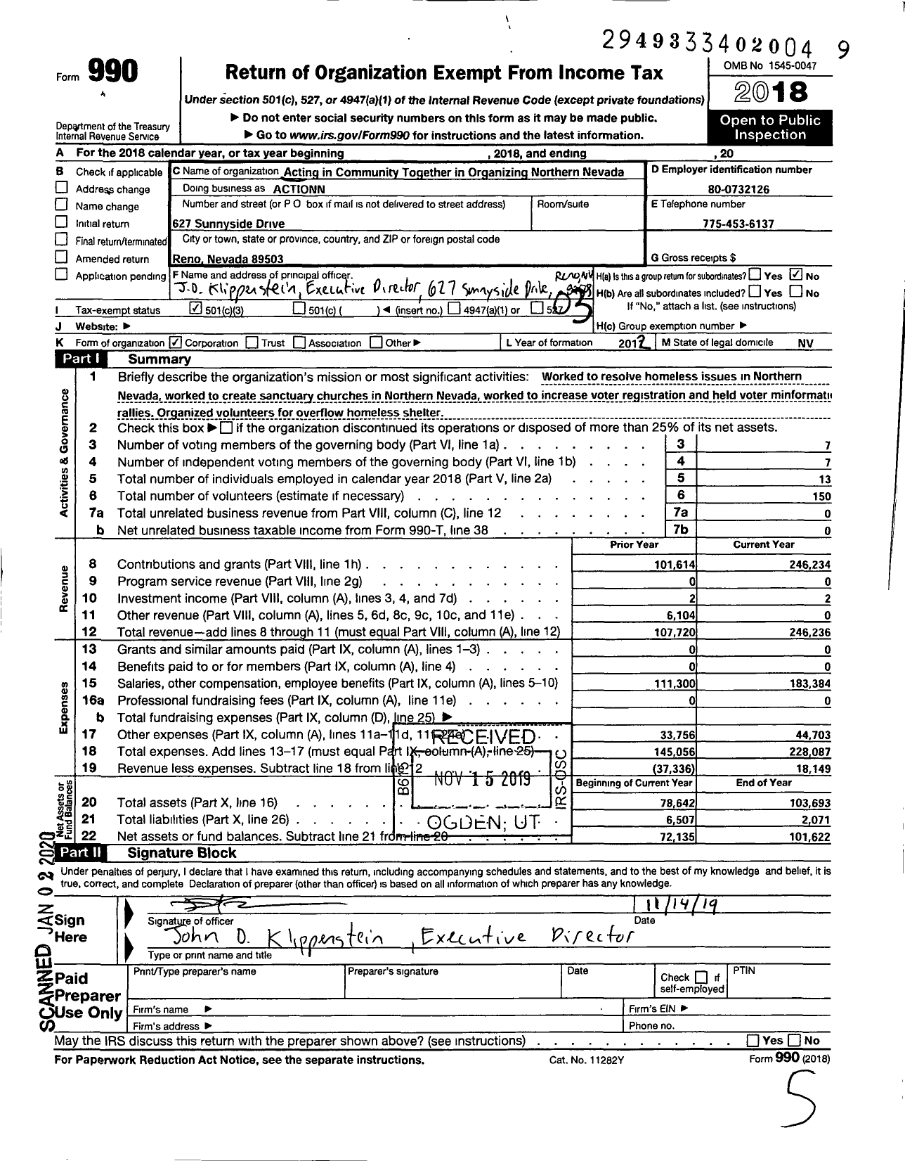 Image of first page of 2018 Form 990 for Faith in Action Nevada