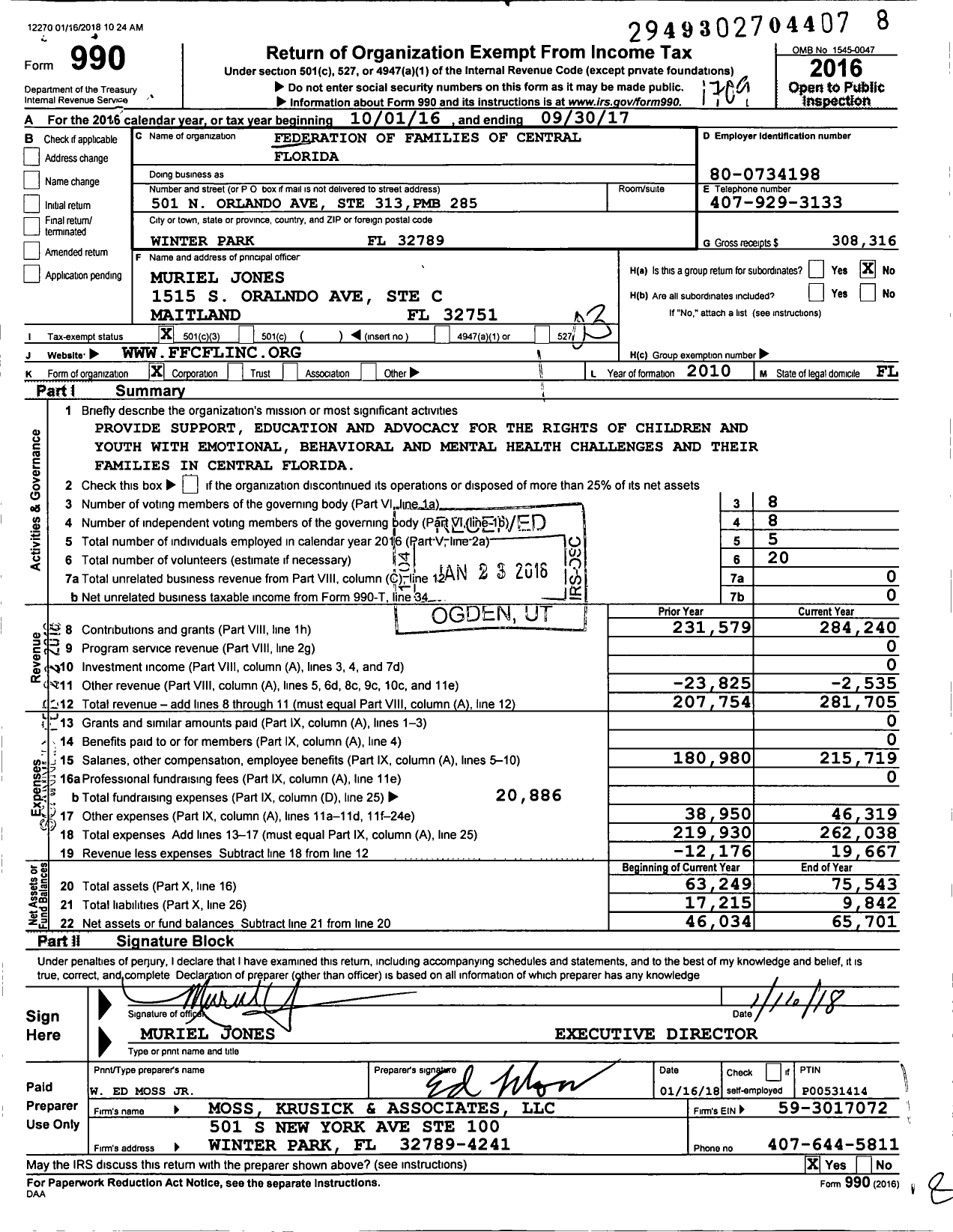 Image of first page of 2016 Form 990 for Federation of Families of Central Florida