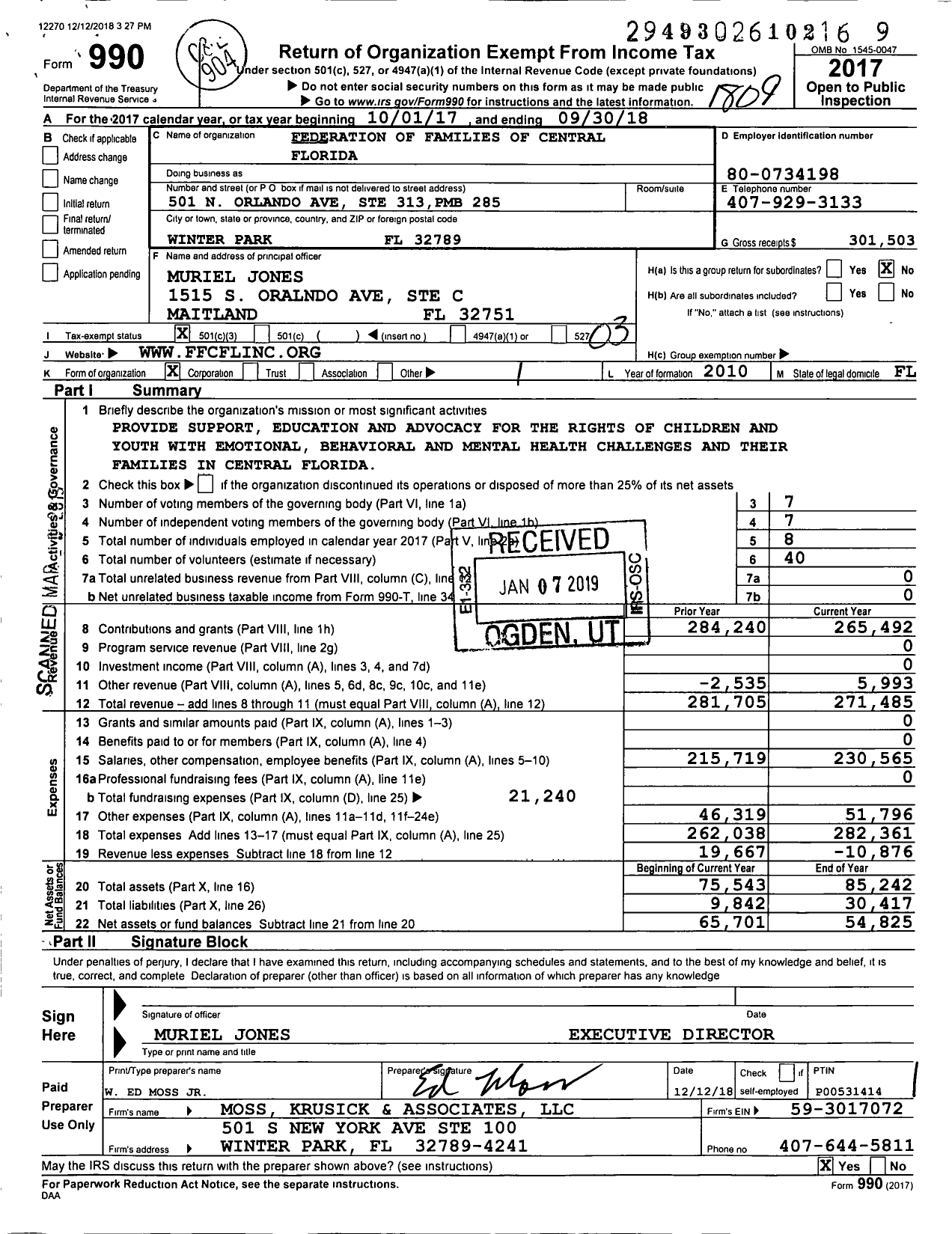 Image of first page of 2017 Form 990 for Federation of Families of Central Florida