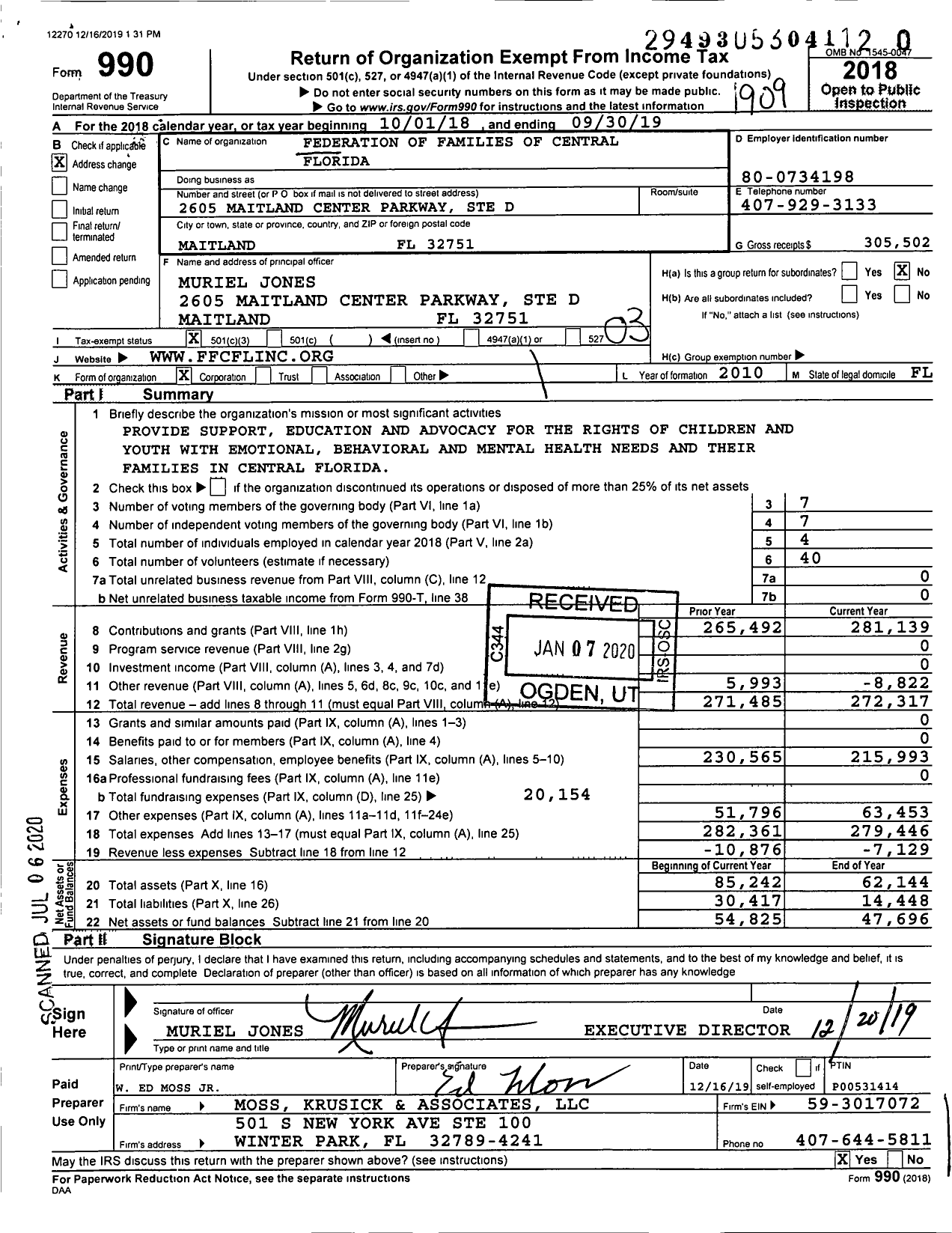Image of first page of 2018 Form 990 for Federation of Families of Central Florida