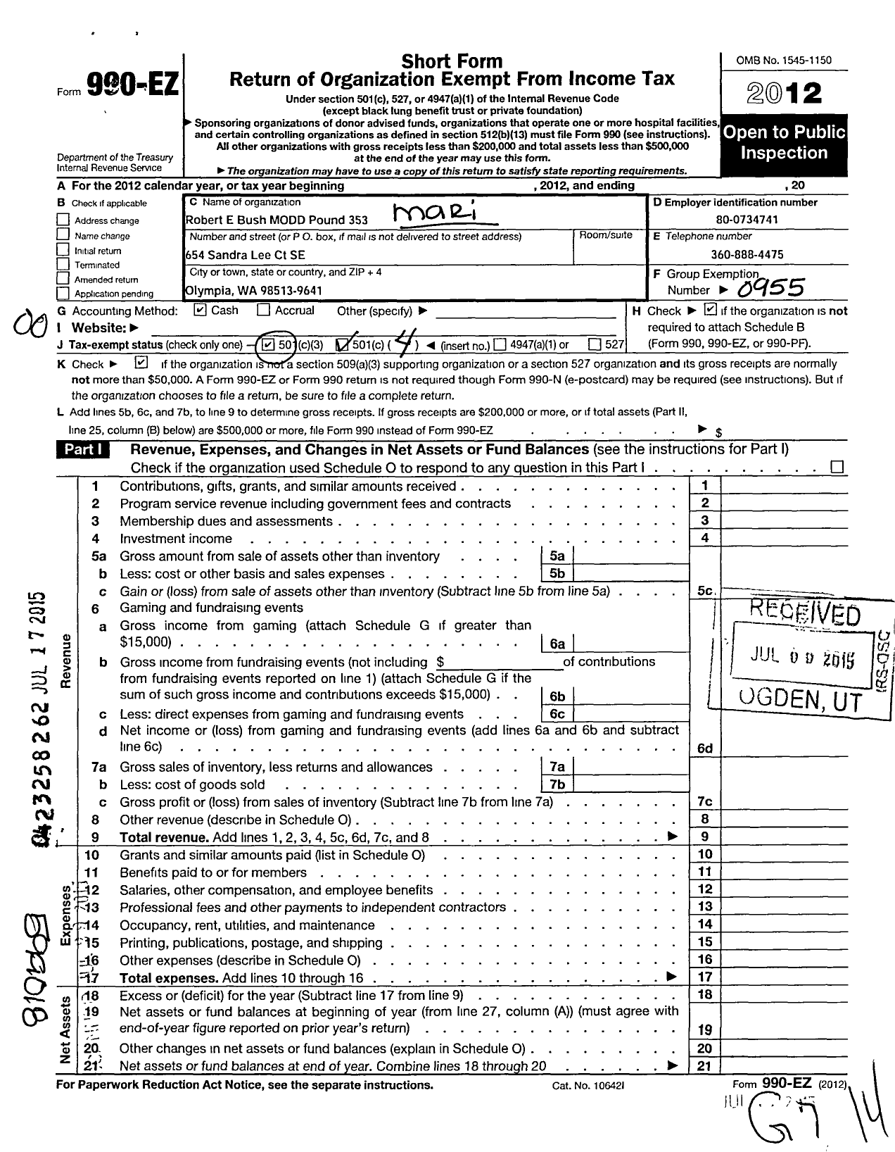 Image of first page of 2012 Form 990EO for Marine Corps League - 353 Robert E Bush Pound Modd