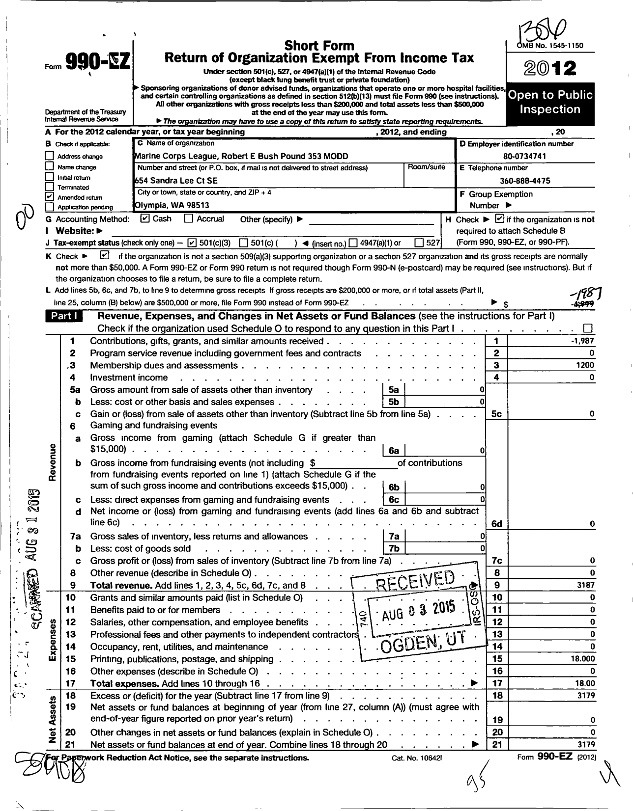 Image of first page of 2012 Form 990EZ for Marine Corps League - 353 Robert E Bush Pound Modd