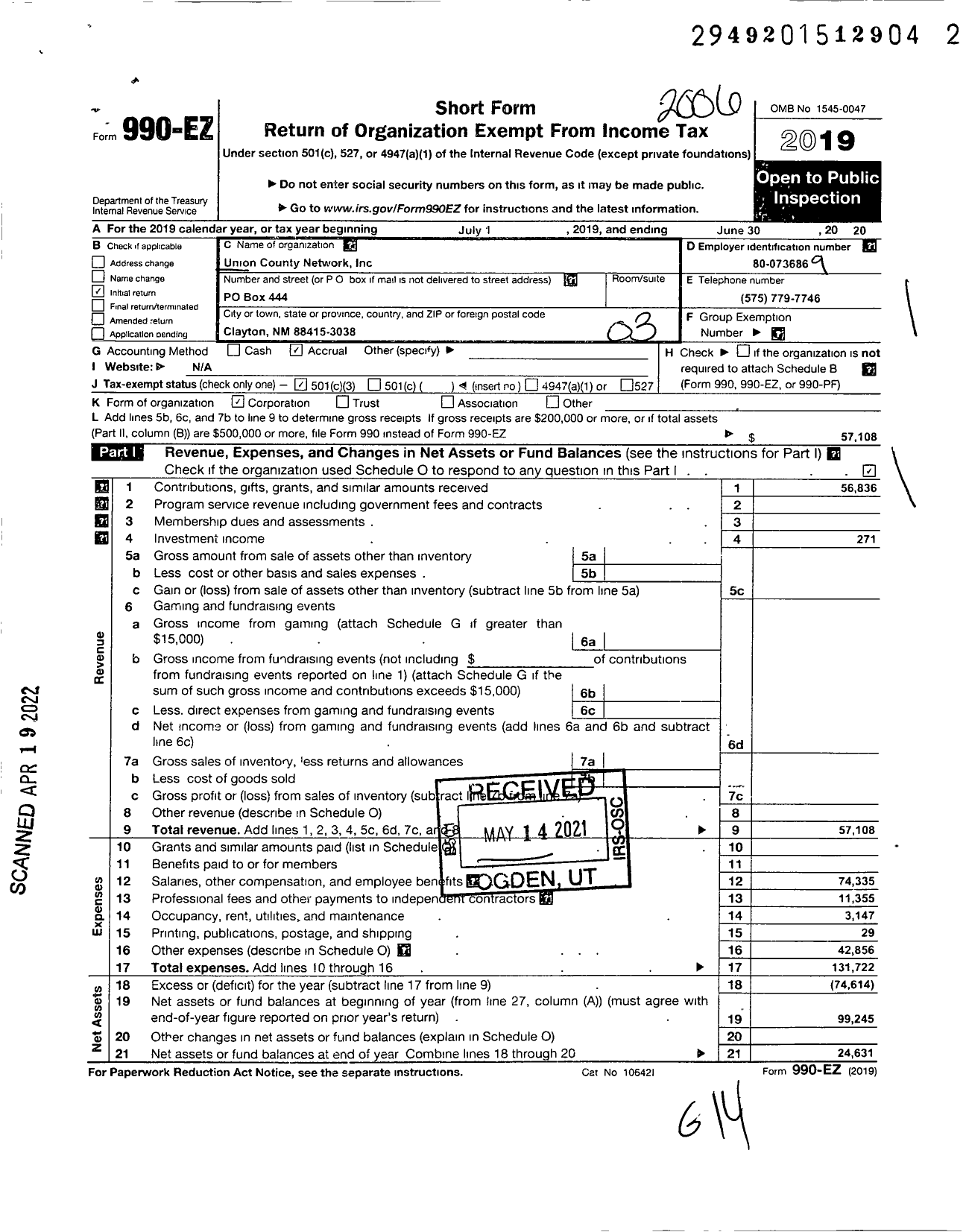 Image of first page of 2019 Form 990EZ for Union County Health and Wellness Network