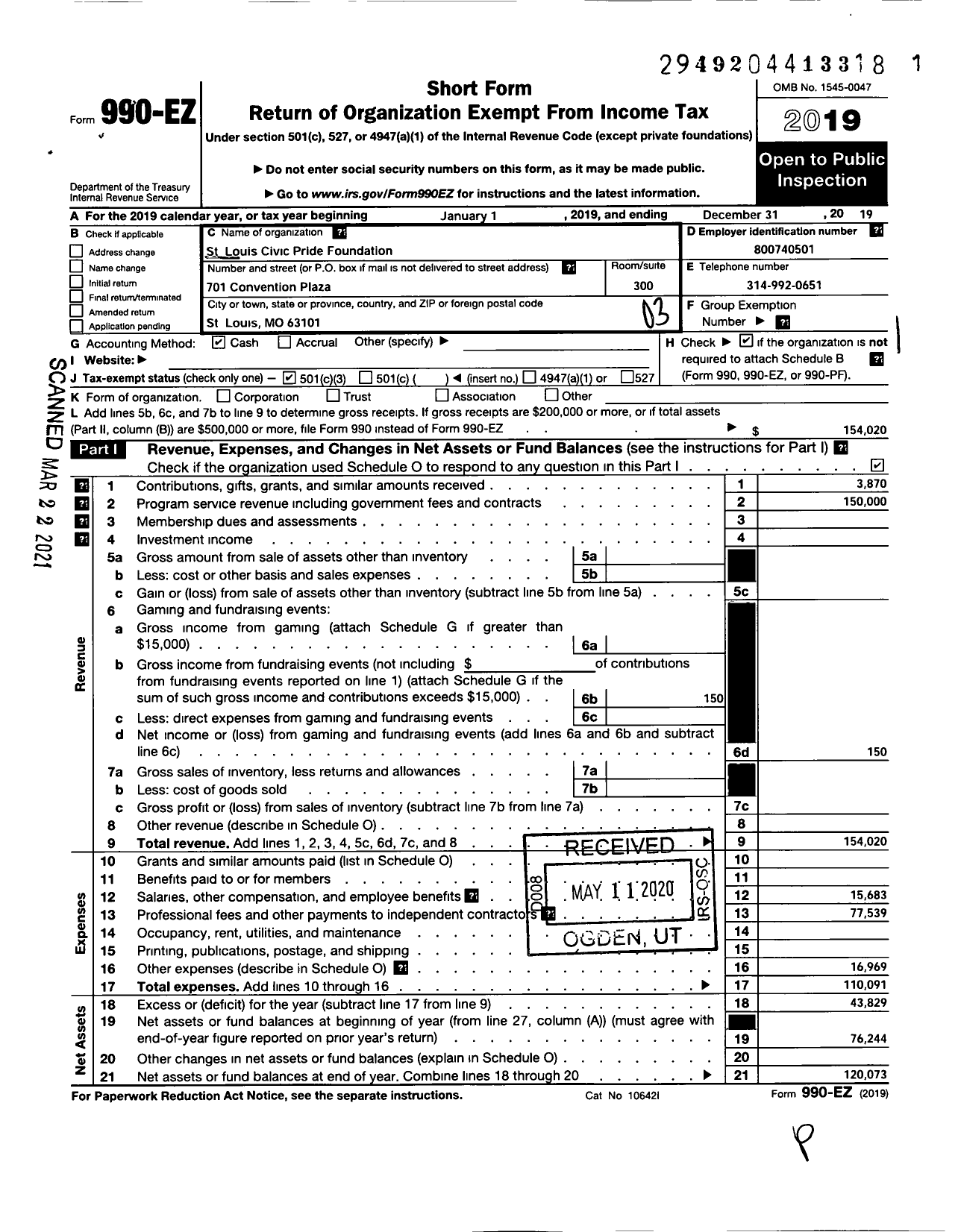 Image of first page of 2019 Form 990EZ for St Loius Civic Pride Foundation