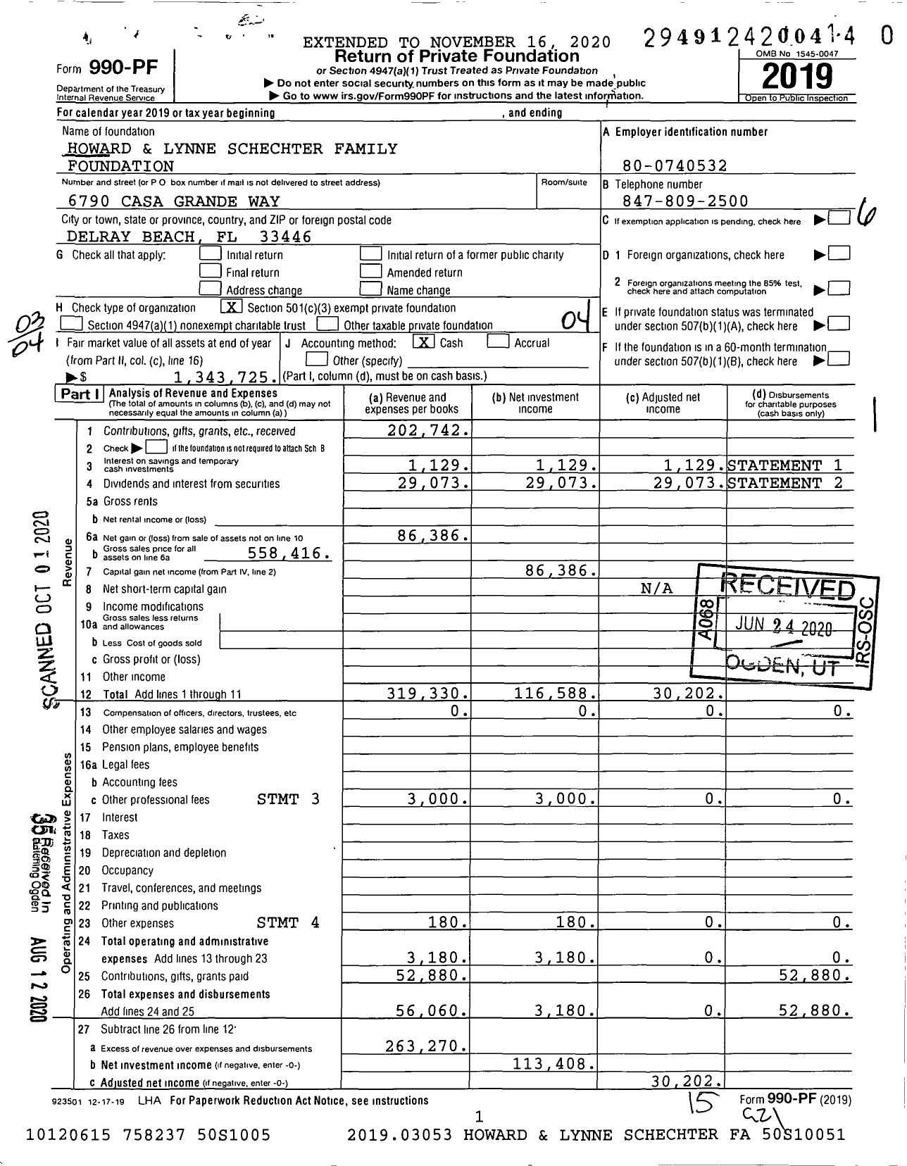 Image of first page of 2019 Form 990PR for Howard and Lynne Schechter Family Foundation