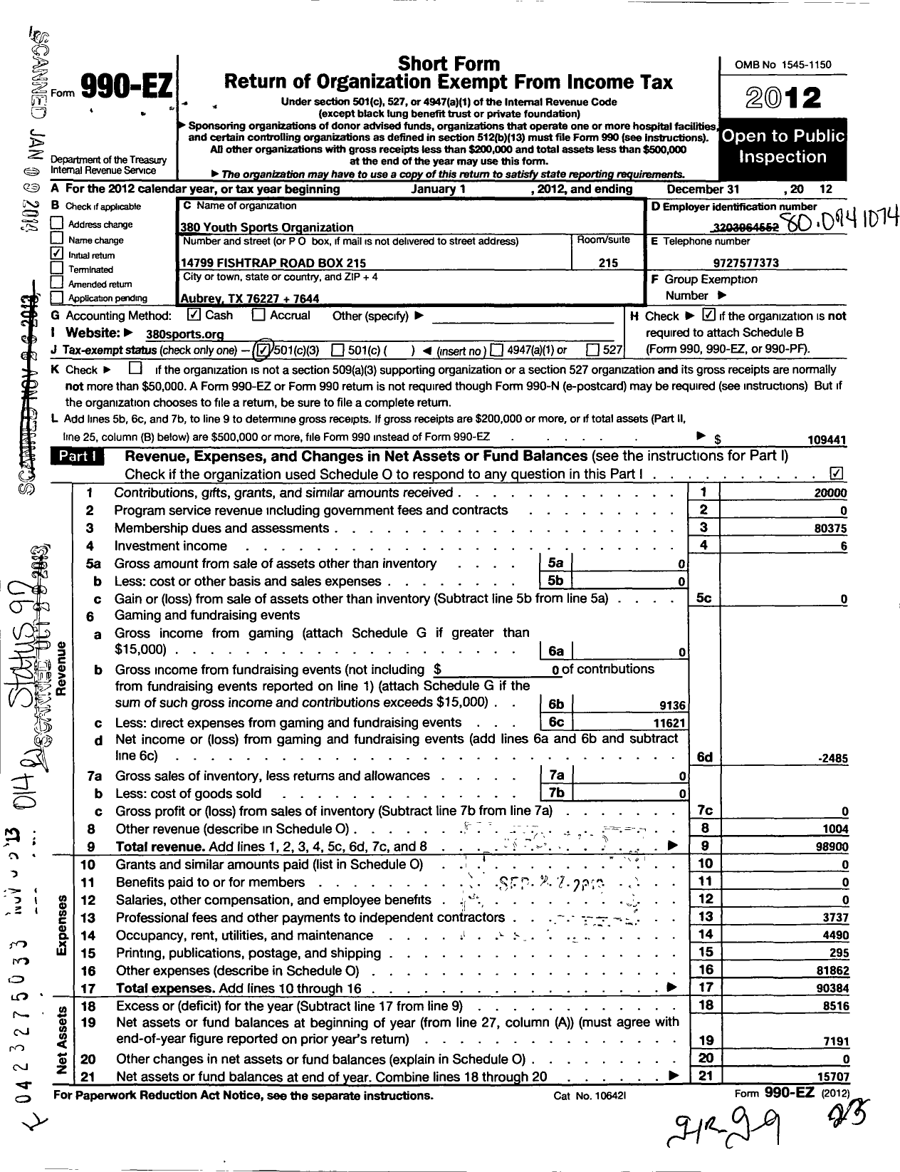 Image of first page of 2012 Form 990EO for 380 Youth Sports Organization