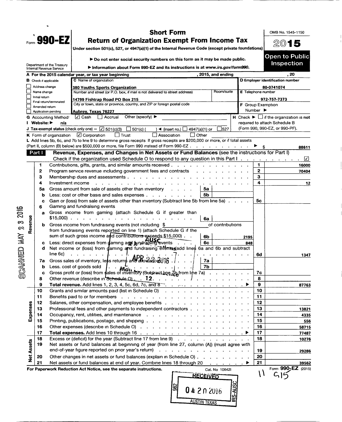 Image of first page of 2015 Form 990EZ for 380 Youth Sports Organization