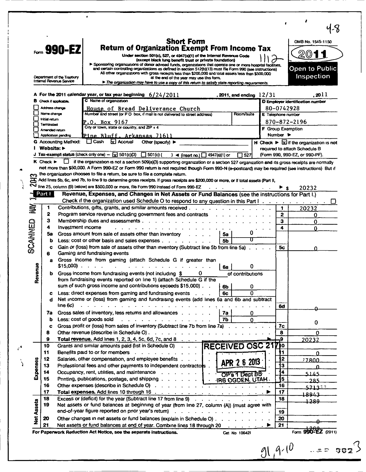 Image of first page of 2011 Form 990EZ for House of Bread Deliverance Church