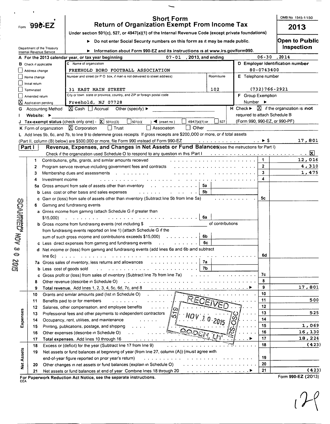 Image of first page of 2013 Form 990EZ for Freehold Boro Football Association