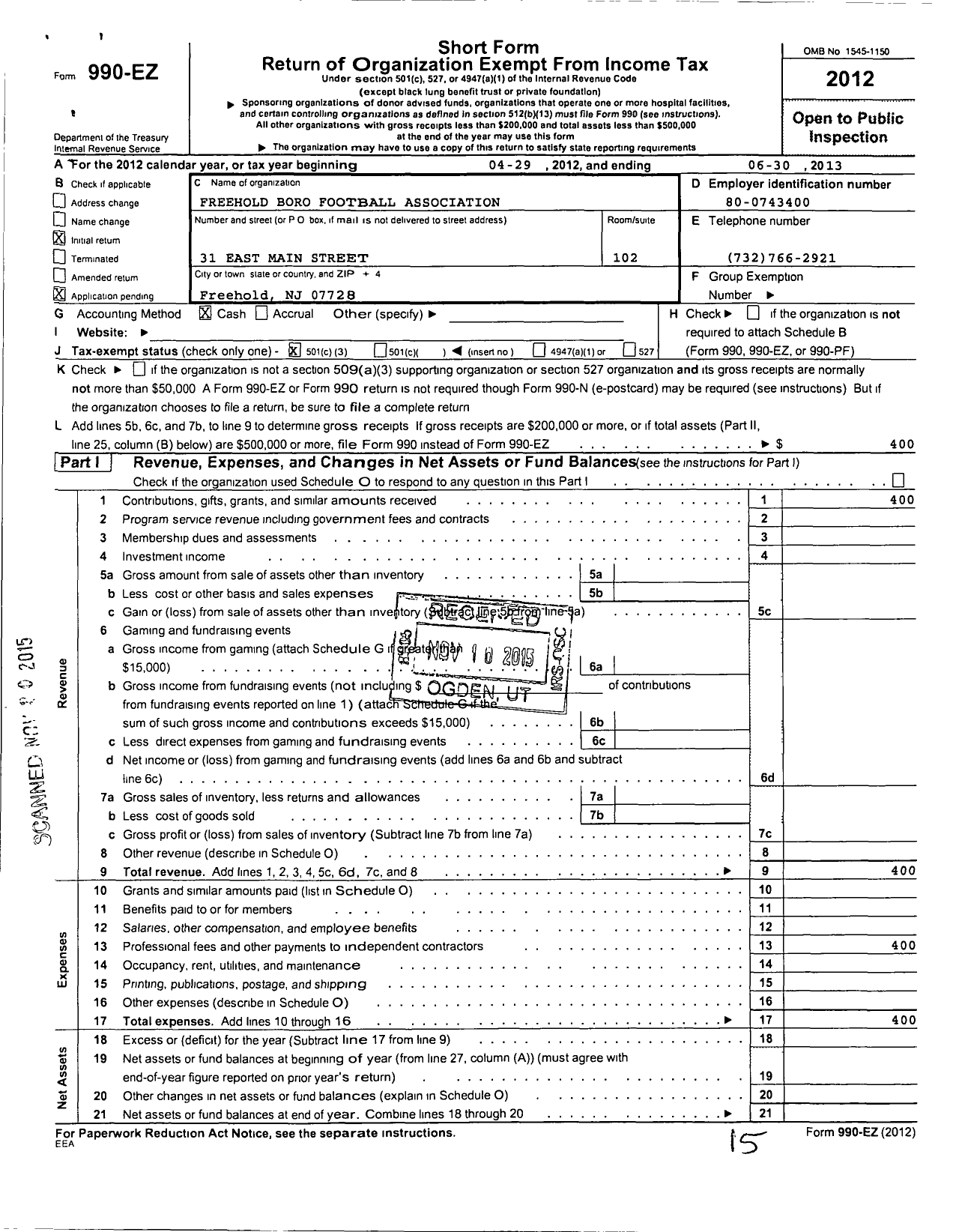 Image of first page of 2012 Form 990EZ for Freehold Boro Football Association