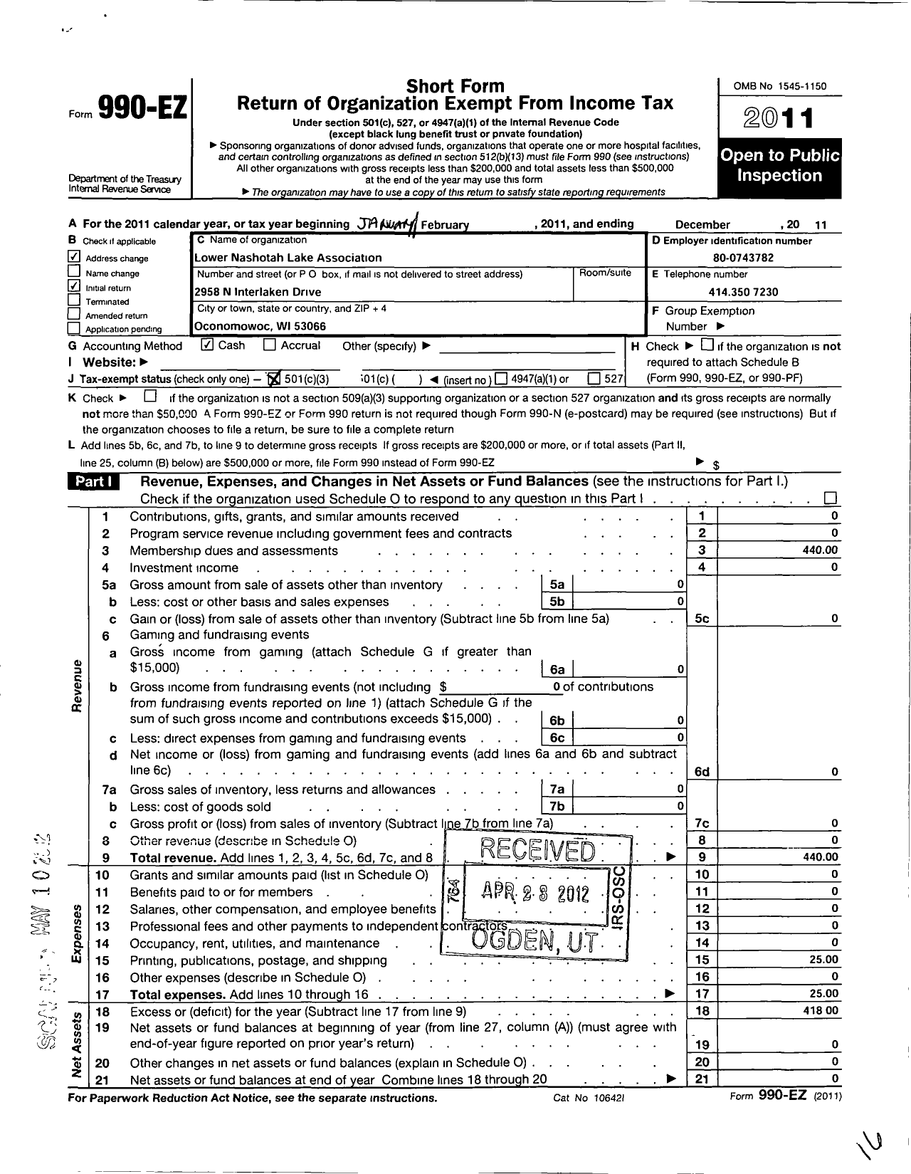 Image of first page of 2011 Form 990EZ for Lower Nashotah Lake Association