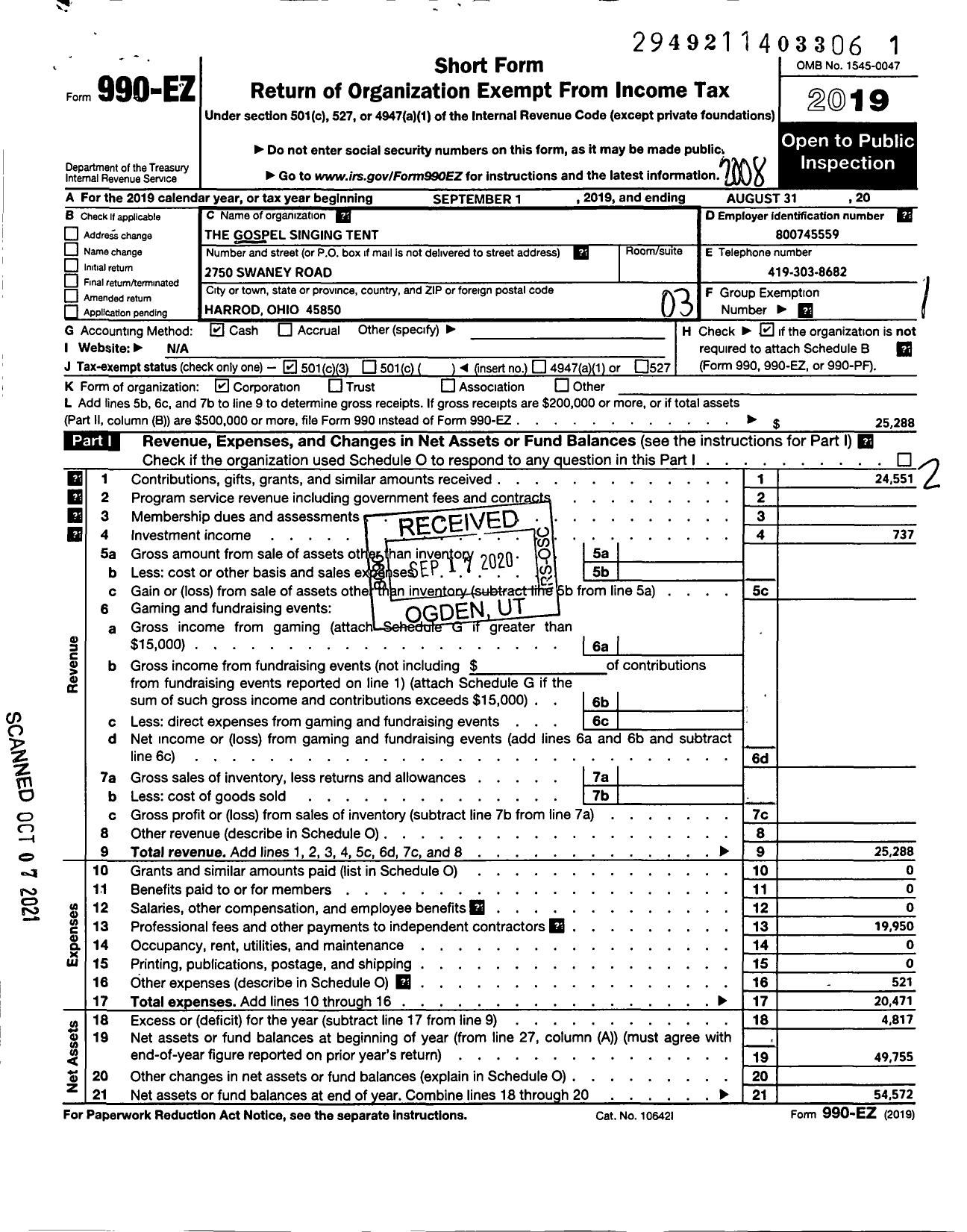 Image of first page of 2019 Form 990EZ for Gospel Singing Tent