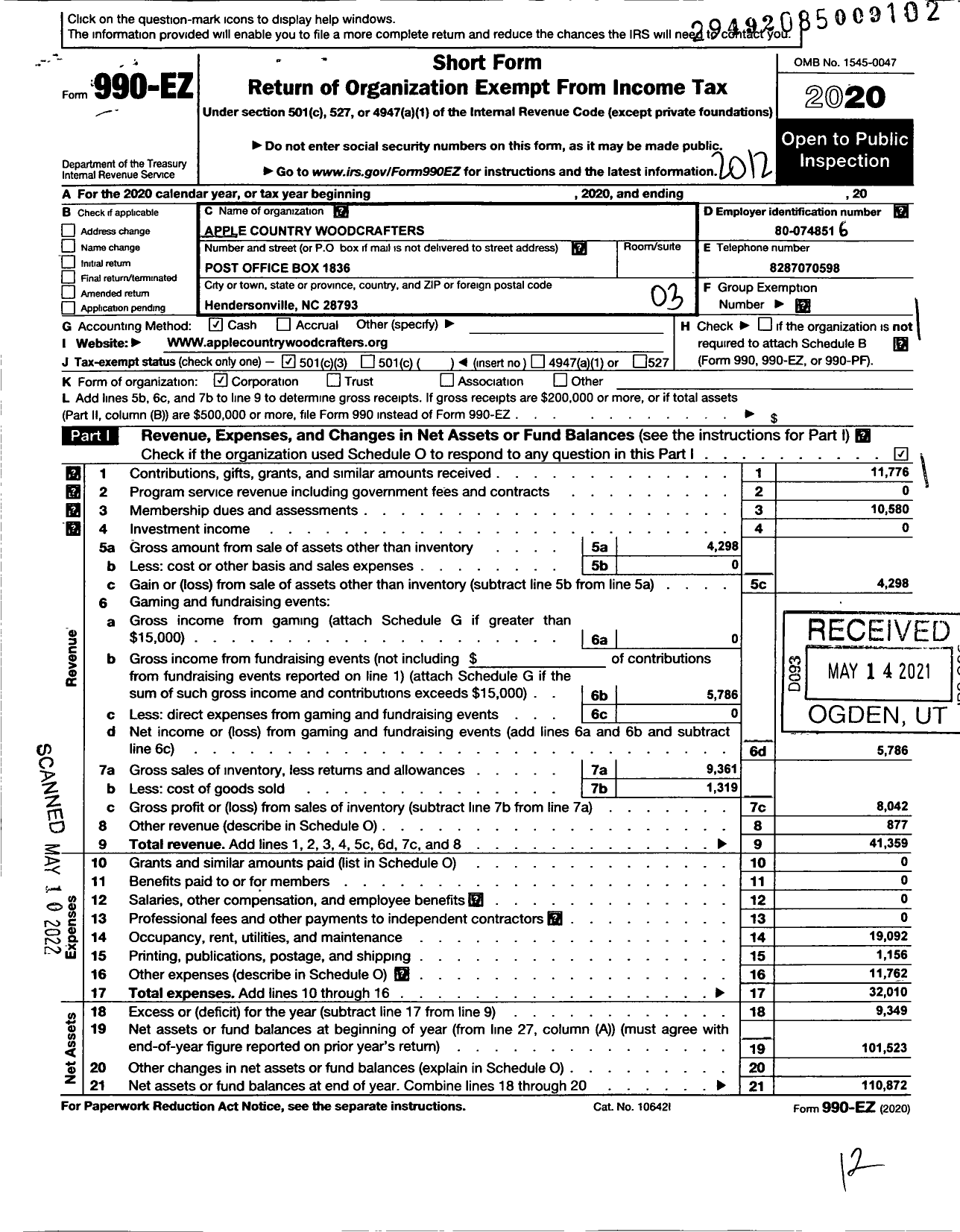 Image of first page of 2020 Form 990EZ for Apple Country Woodcrafters