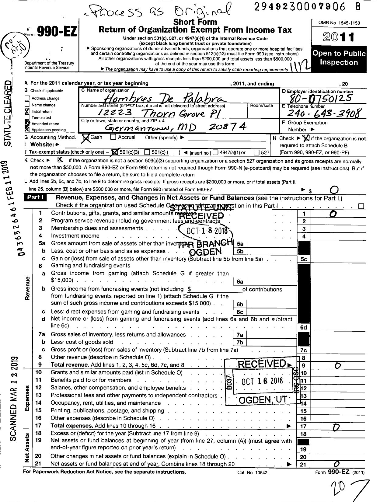 Image of first page of 2011 Form 990EZ for Hombres de Palabra