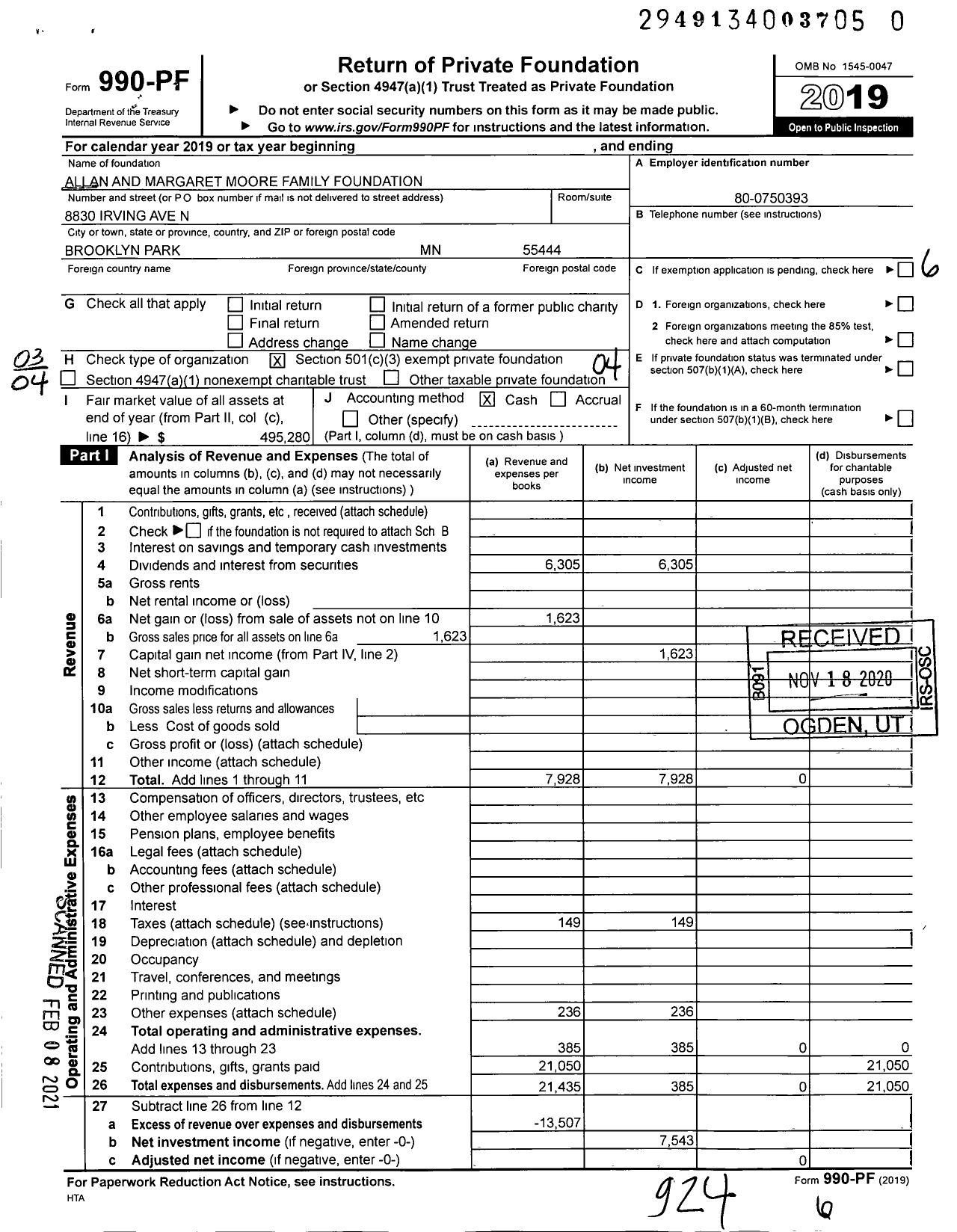 Image of first page of 2019 Form 990PF for Allan and Margaret Moore Family Foundation