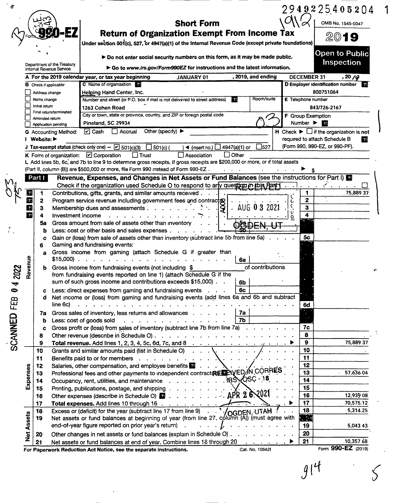 Image of first page of 2019 Form 990EZ for Helping Hand Center