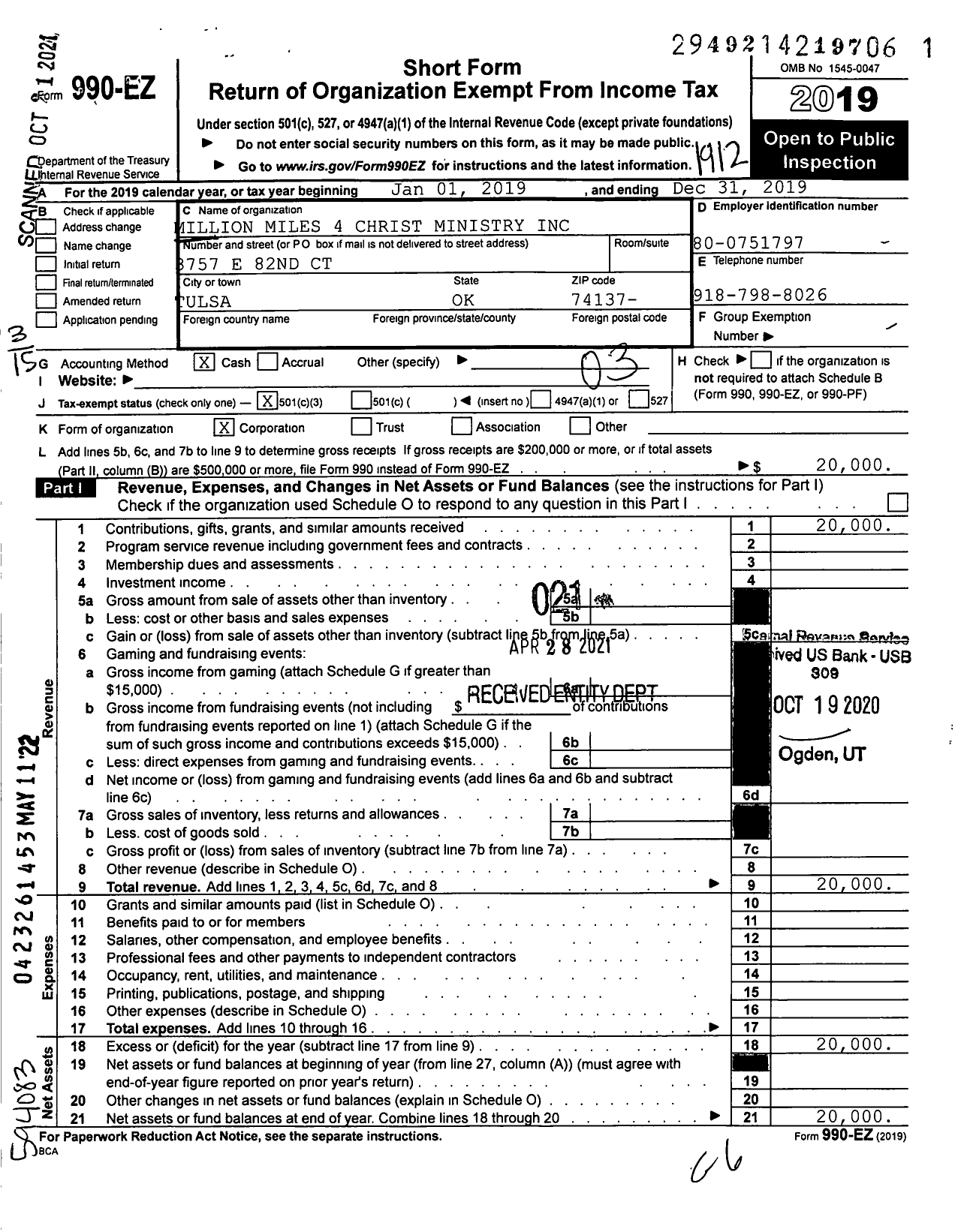 Image of first page of 2019 Form 990EZ for Million Miles 4 Christ Ministry