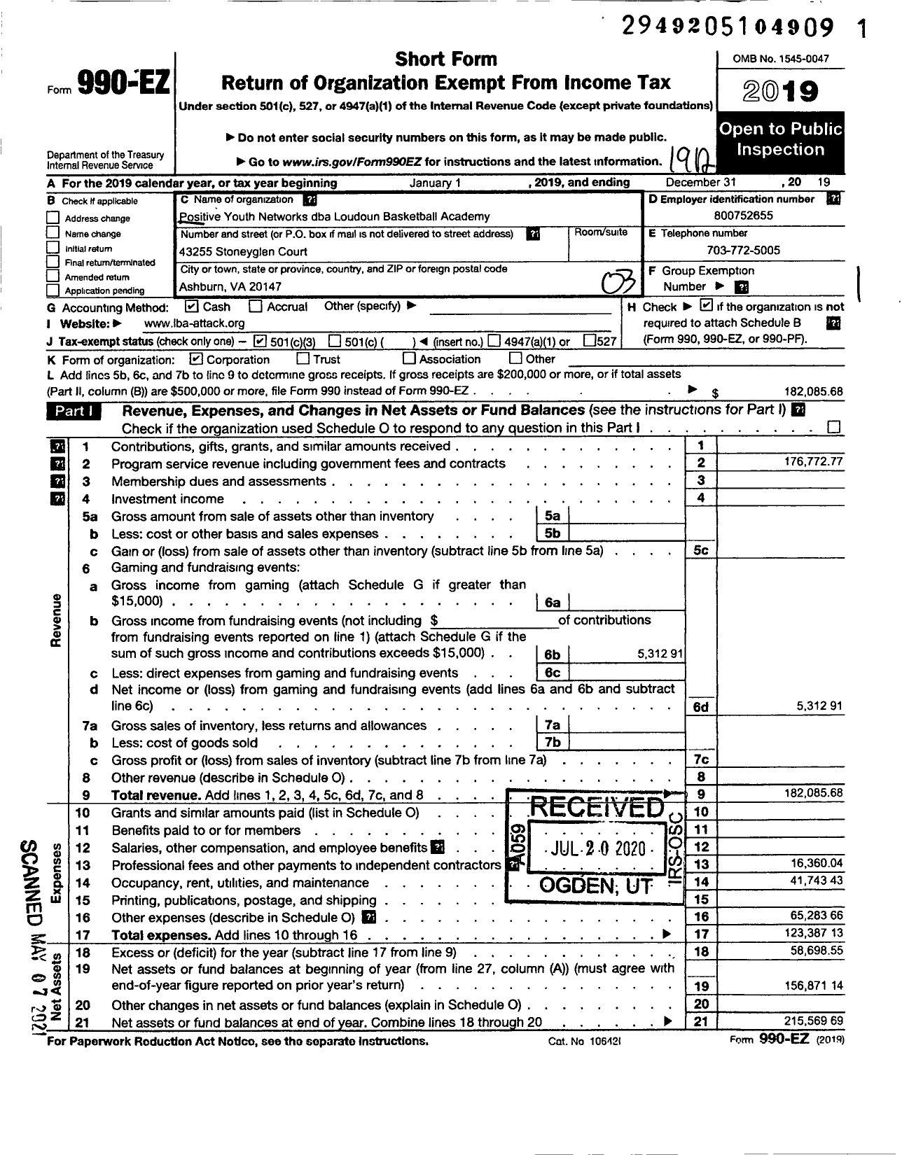 Image of first page of 2019 Form 990EZ for Loudoun Basketball Academy and Bulldog Basketball