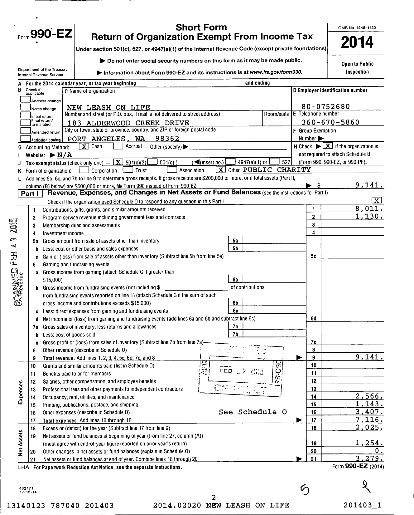 Image of first page of 2014 Form 990EZ for New Leash on Life