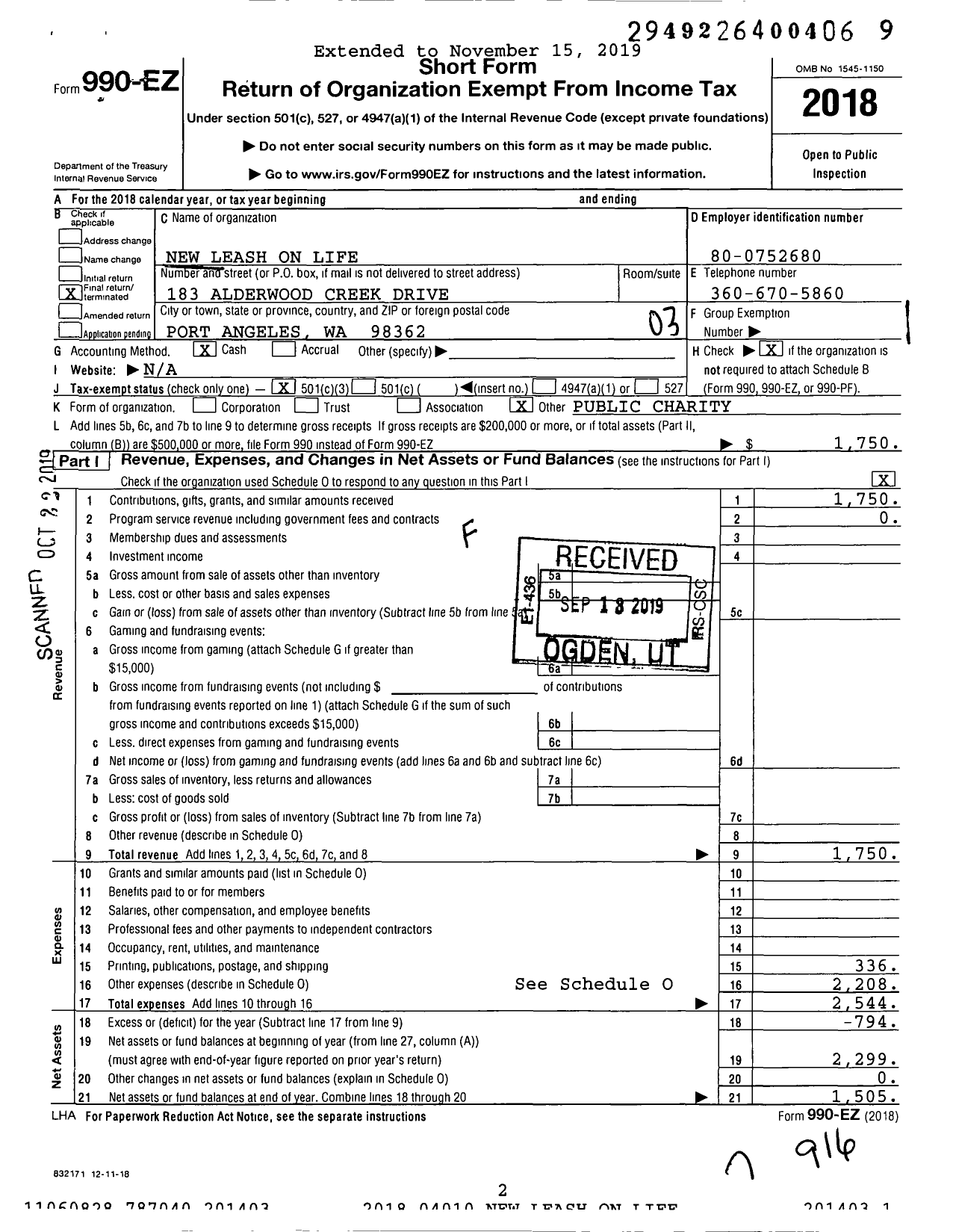 Image of first page of 2018 Form 990EZ for New Leash on Life