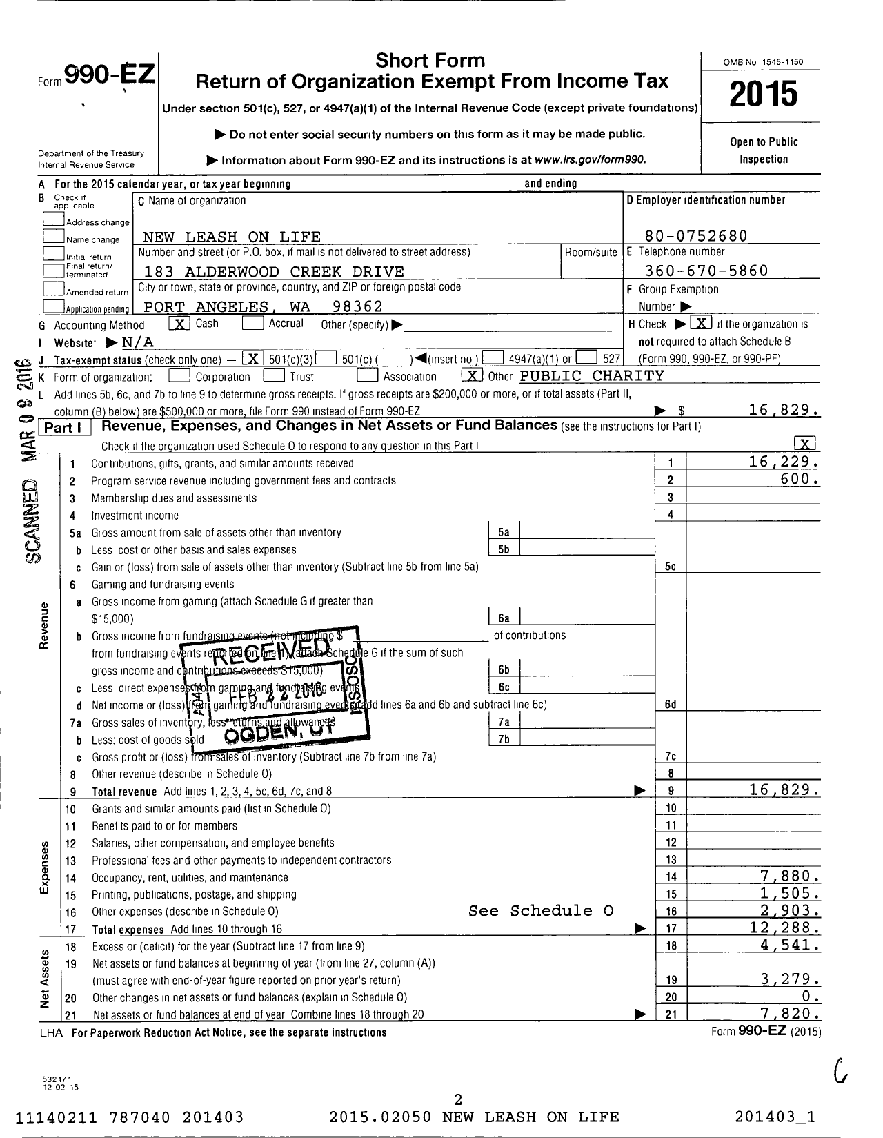 Image of first page of 2015 Form 990EZ for New Leash on Life