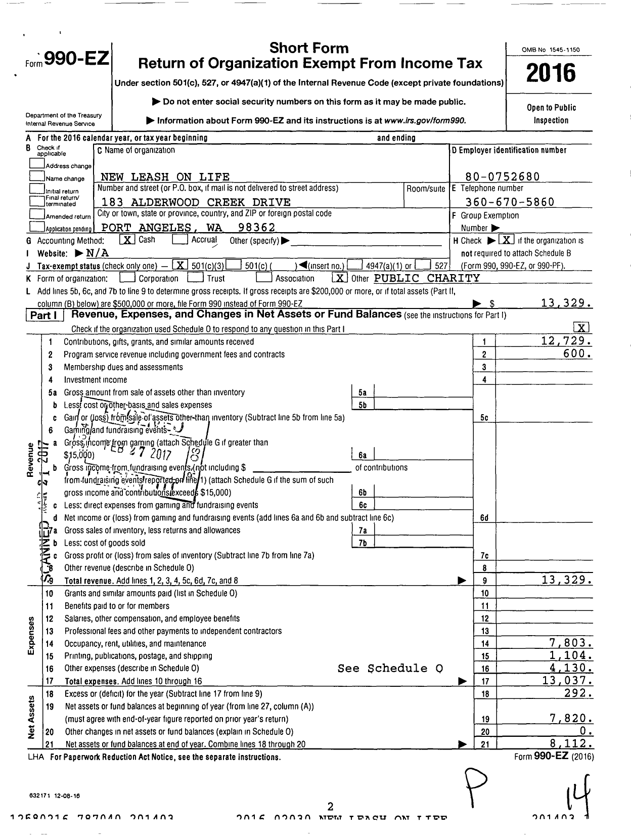 Image of first page of 2016 Form 990EZ for New Leash on Life