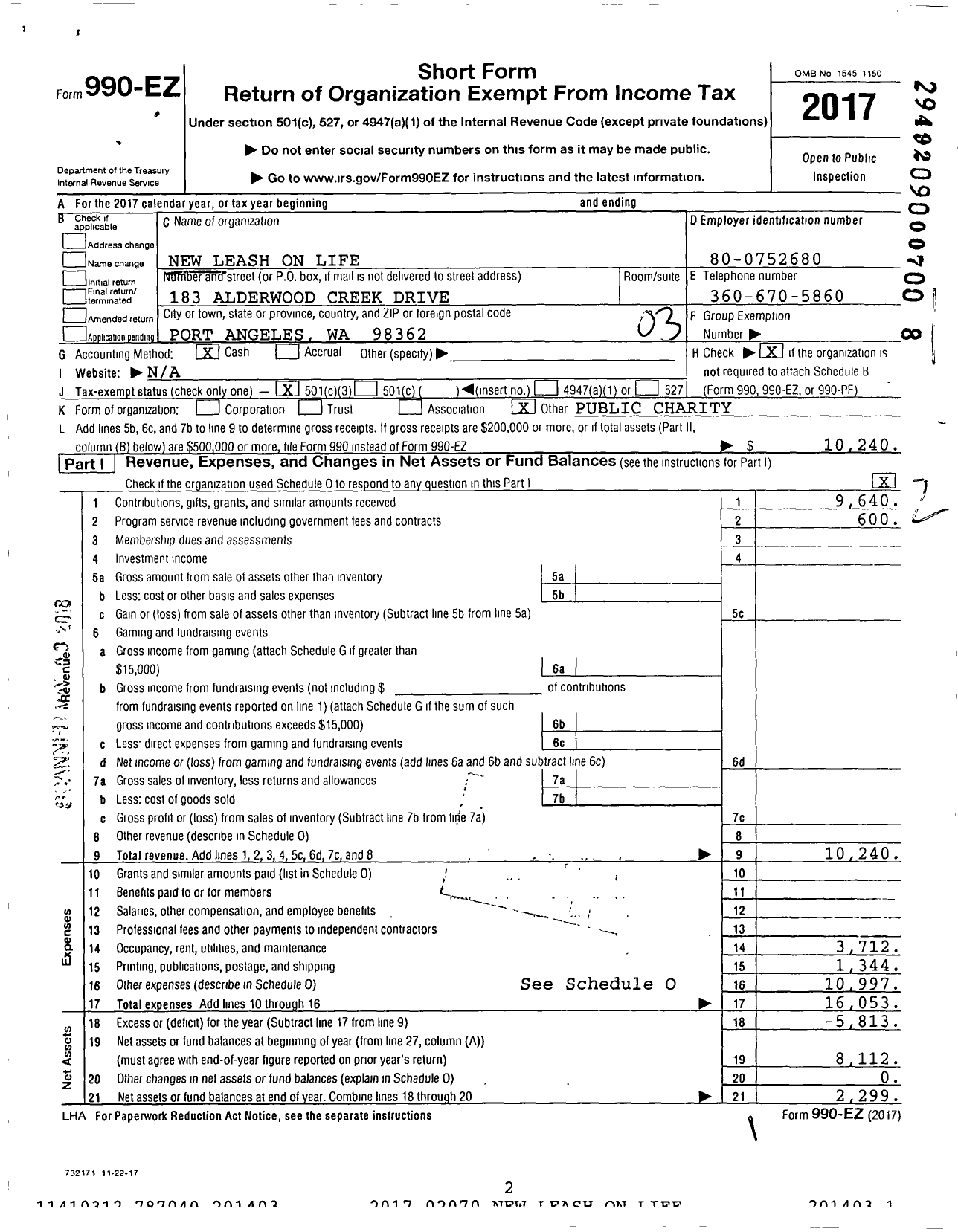 Image of first page of 2017 Form 990EZ for New Leash on Life