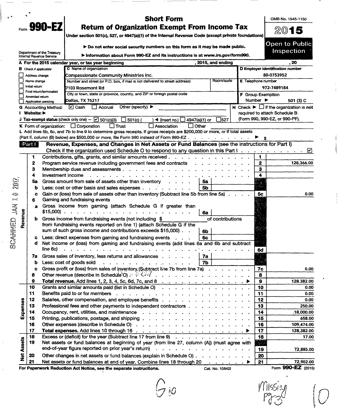 Image of first page of 2015 Form 990EZ for Compassionate Community Ministries