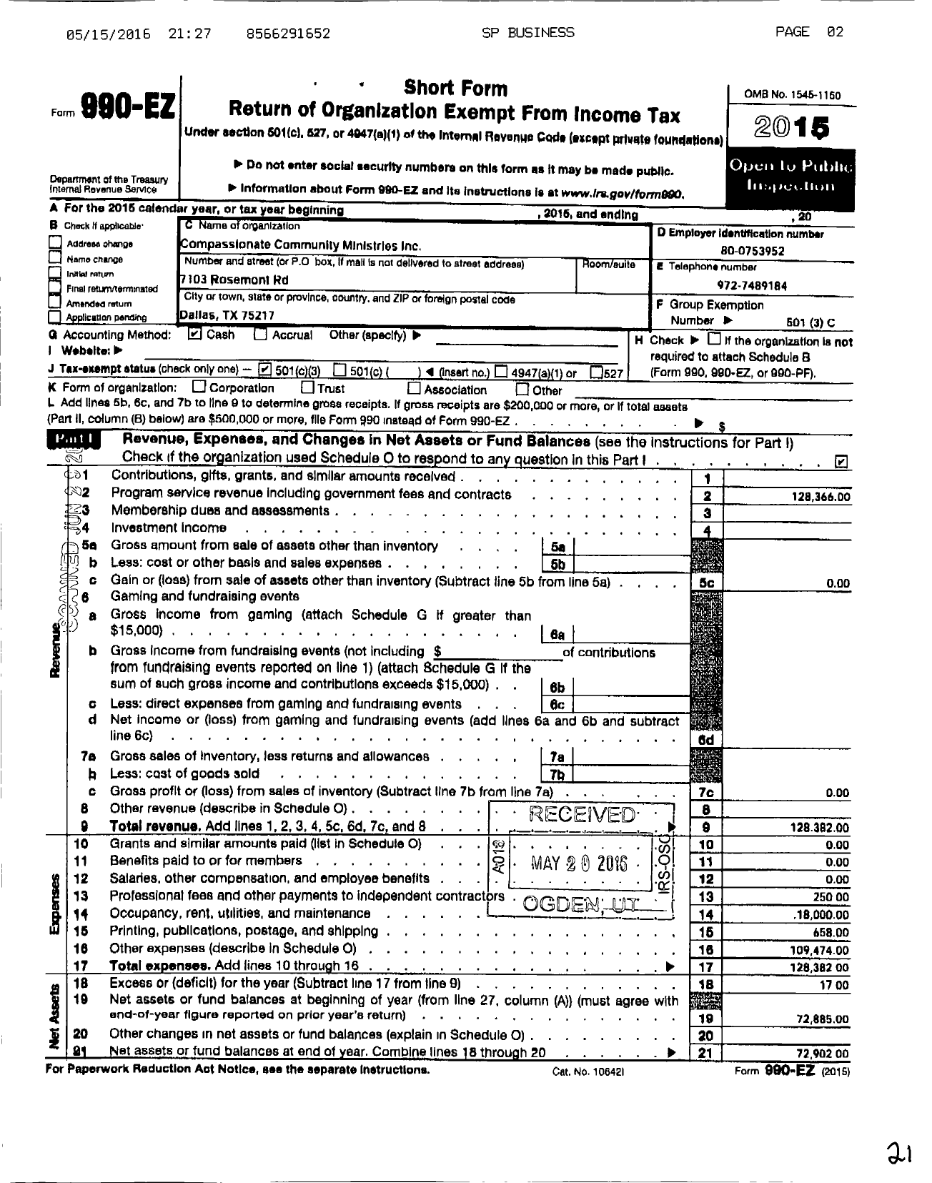 Image of first page of 2015 Form 990EZ for Compassionate Community Ministries