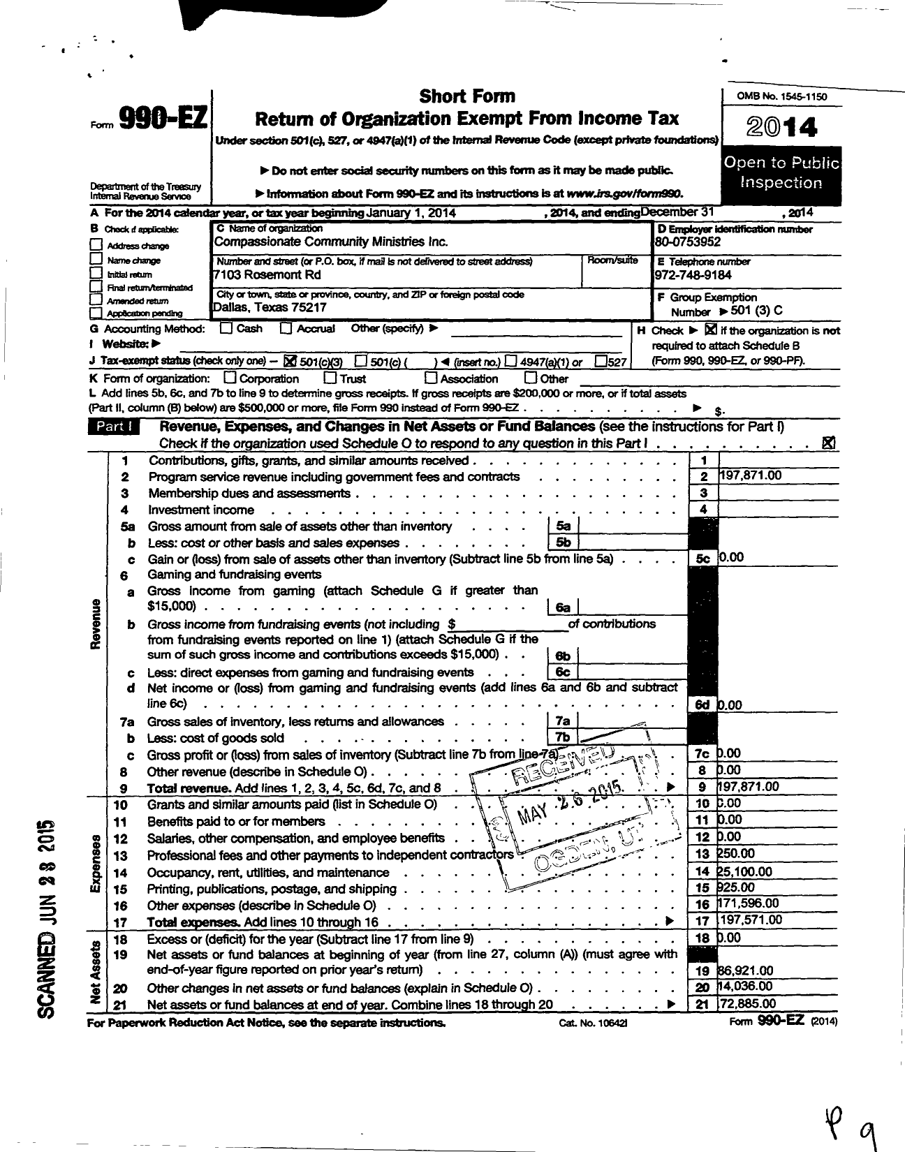 Image of first page of 2014 Form 990EZ for Compassionate Community Ministries