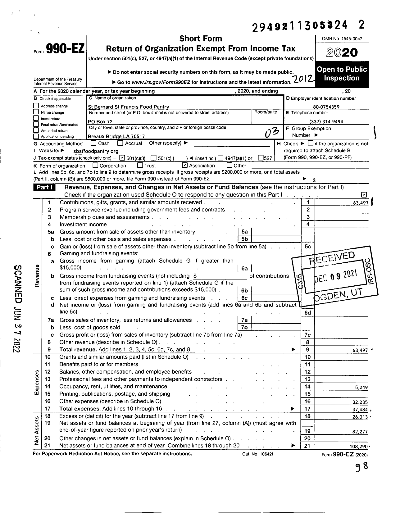 Image of first page of 2020 Form 990EZ for St Bernard St Francis Pantry