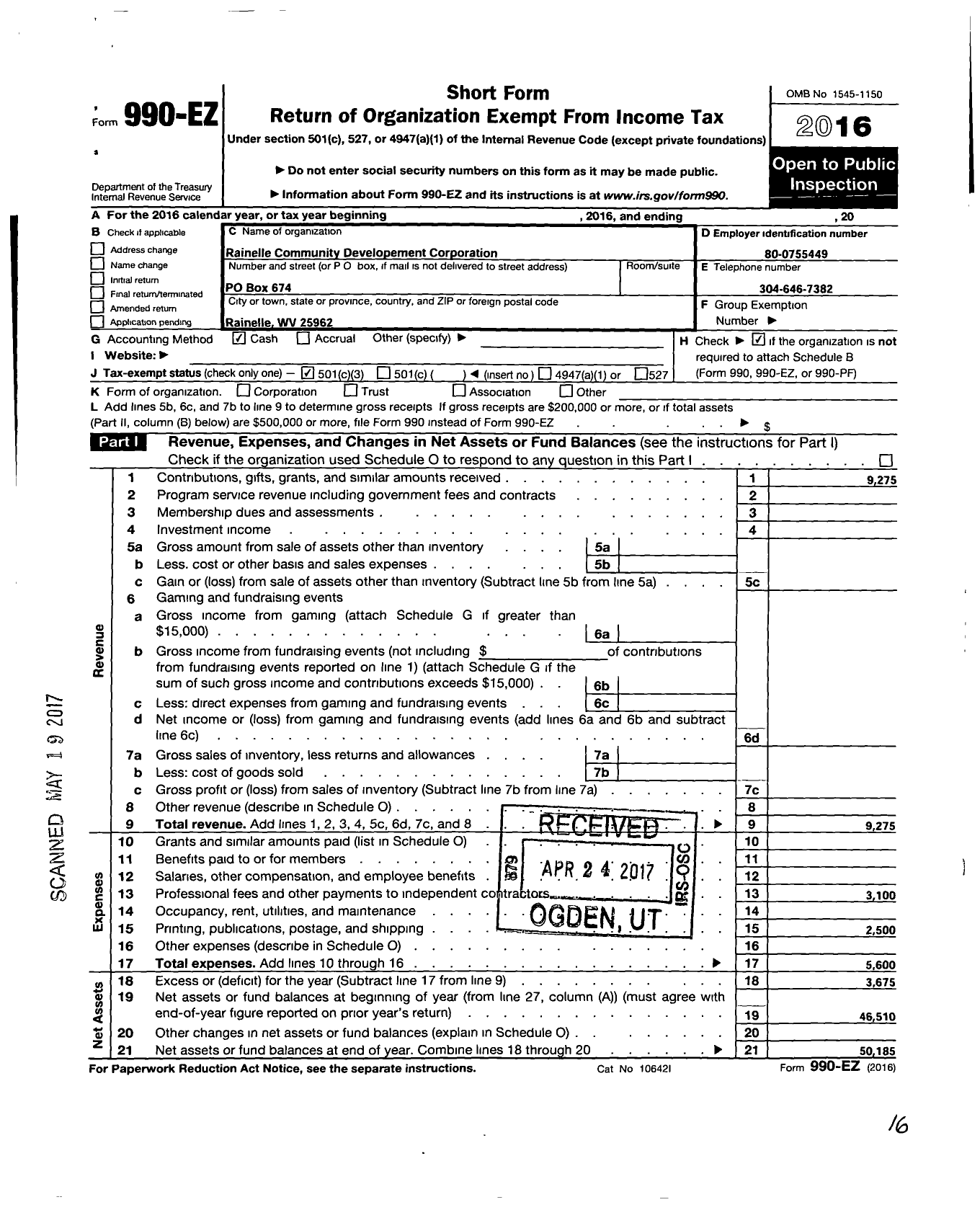 Image of first page of 2016 Form 990EZ for Rainelle Community Development Corporation