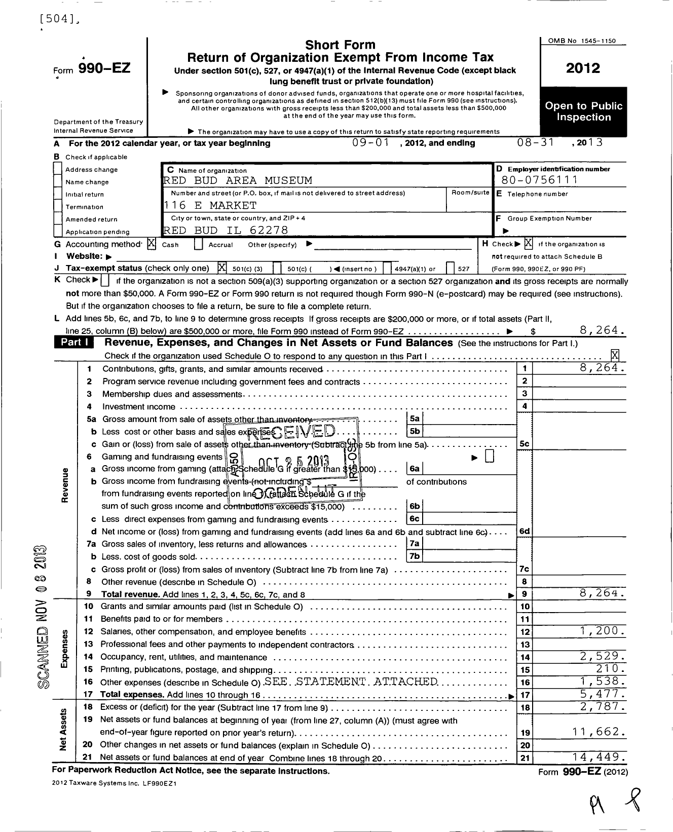 Image of first page of 2012 Form 990EZ for Red Bud Area Museum