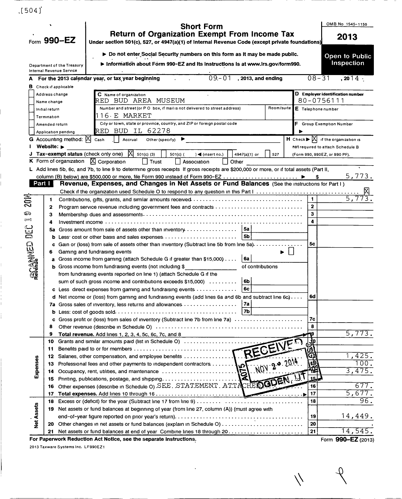 Image of first page of 2013 Form 990EZ for Red Bud Area Museum