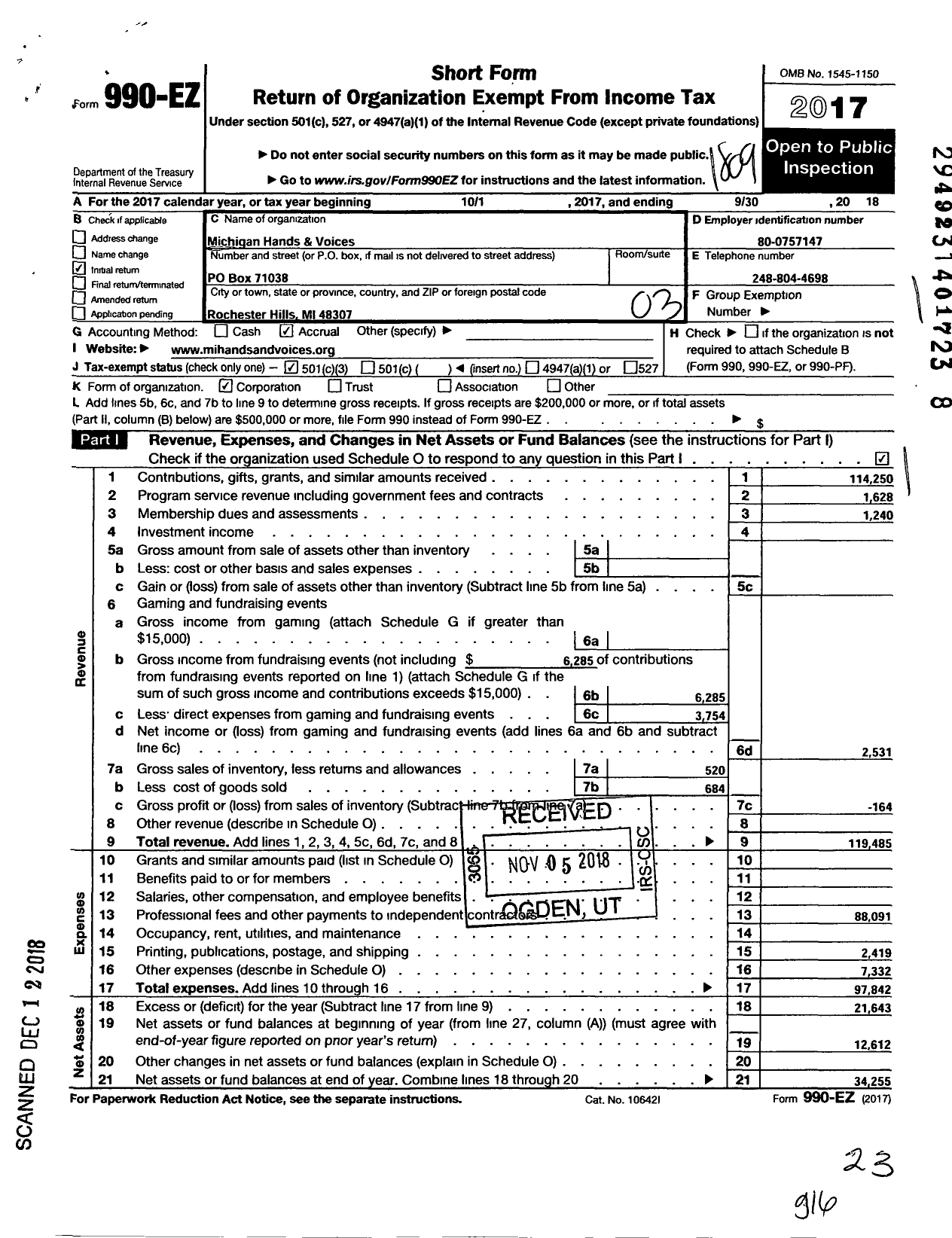 Image of first page of 2017 Form 990EZ for Michigan Hands and Voices