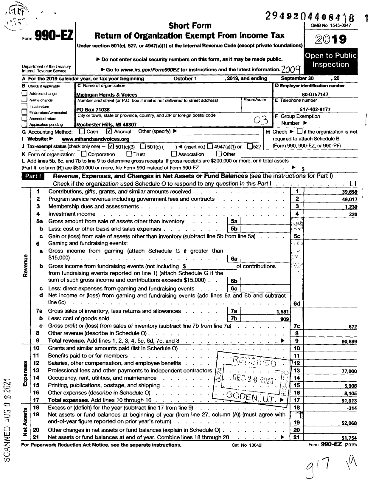 Image of first page of 2019 Form 990EZ for Michigan Hands and Voices