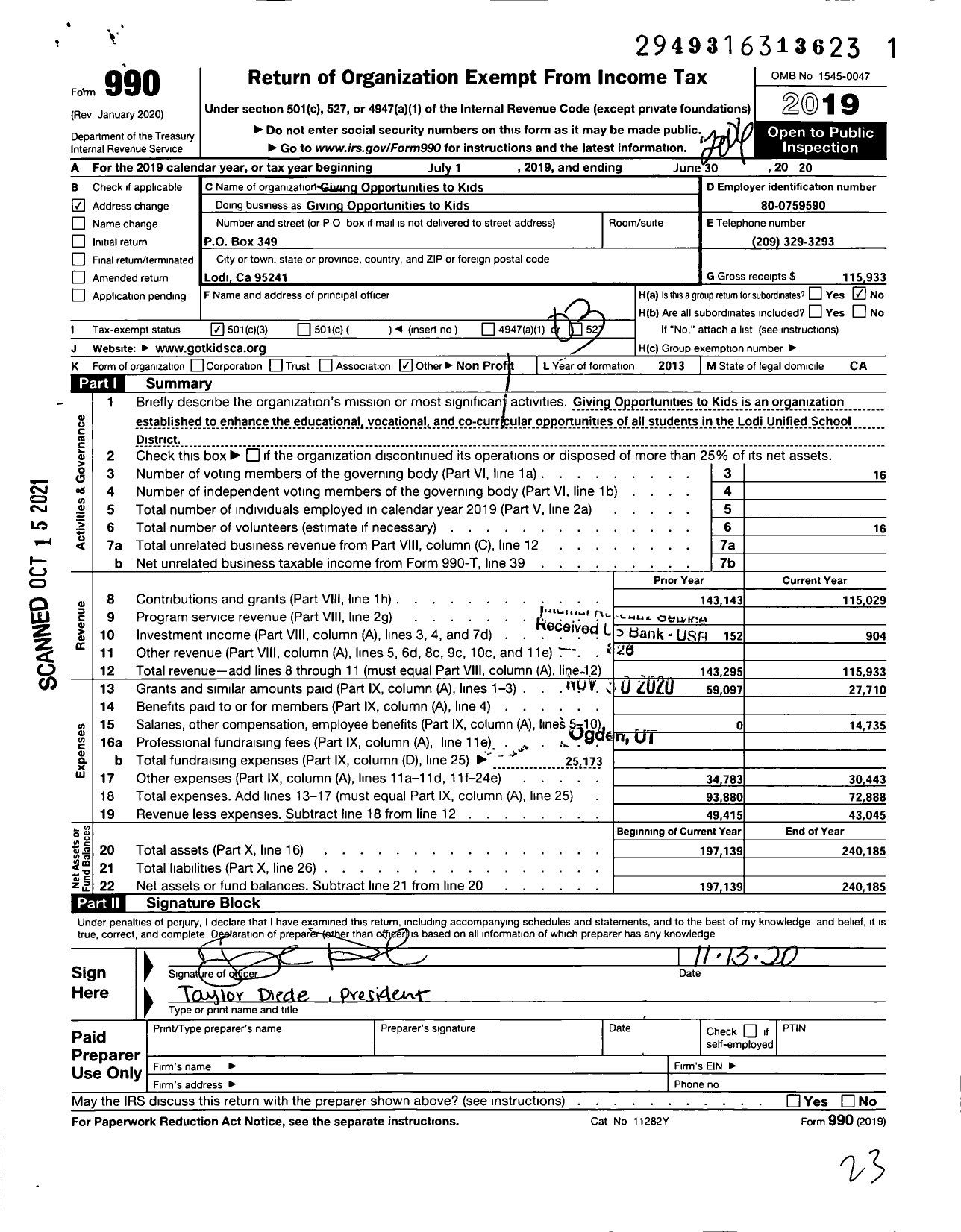 Image of first page of 2019 Form 990 for Giving Opportunities To Kids