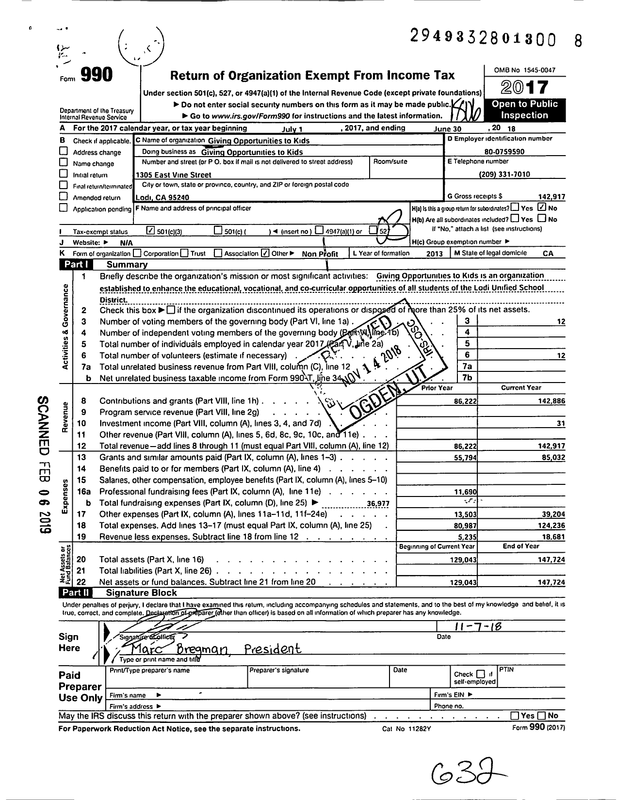 Image of first page of 2017 Form 990 for Giving Opportunities To Kids