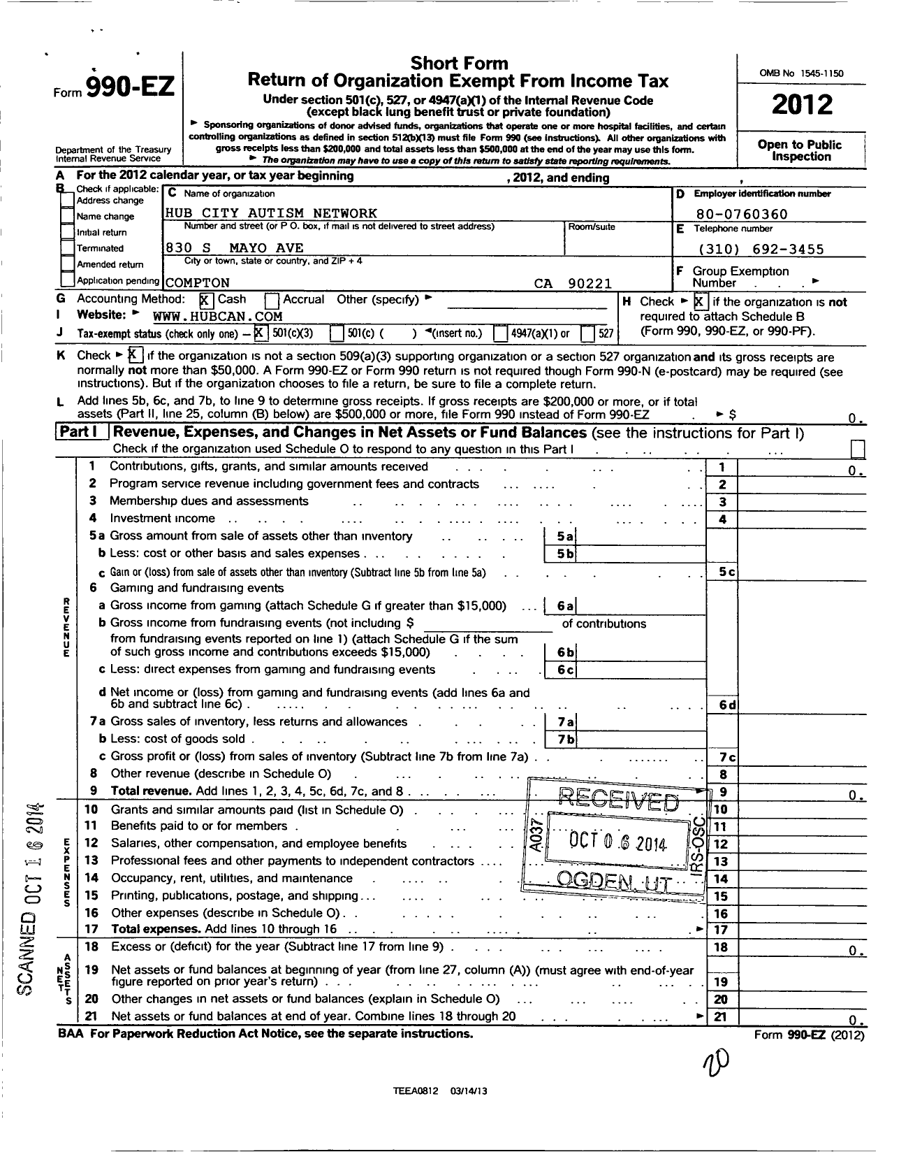 Image of first page of 2012 Form 990EZ for Hub City Autism Net Work