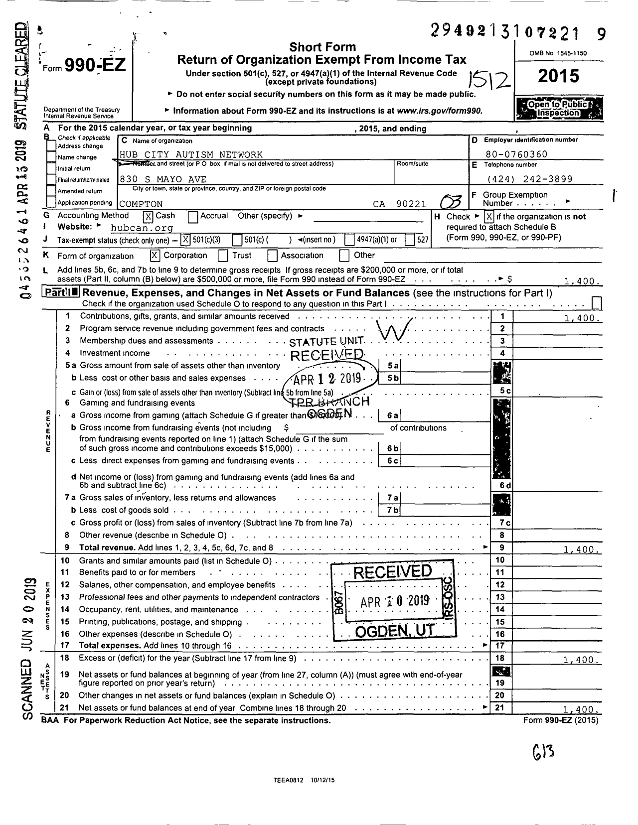 Image of first page of 2015 Form 990EZ for Hub City Autism Net Work