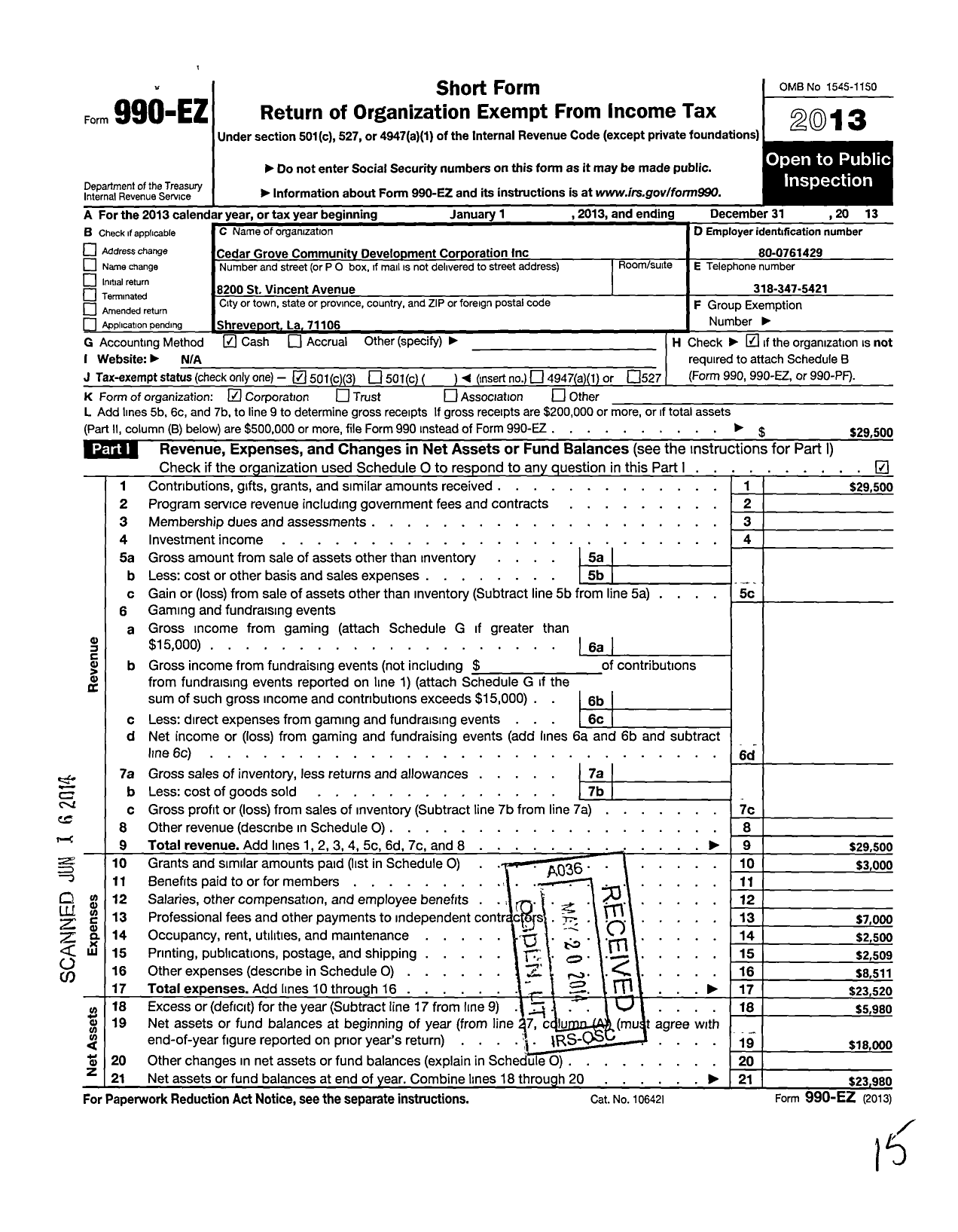 Image of first page of 2013 Form 990EZ for Cedar Grove Community Development Corporation