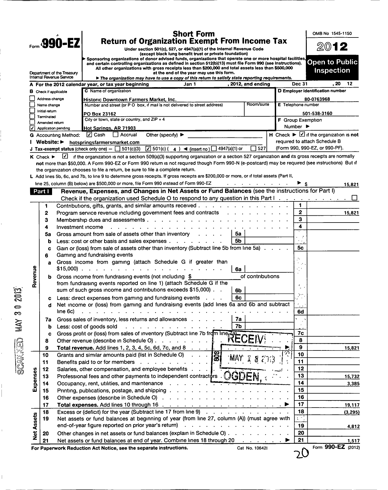 Image of first page of 2012 Form 990EO for Historic Downtown Farmers Market