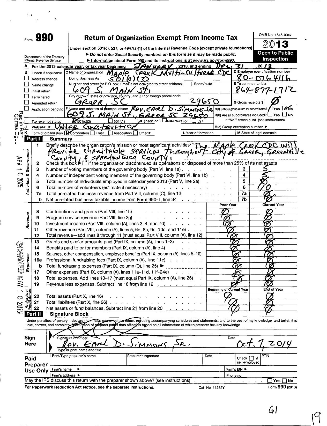 Image of first page of 2013 Form 990 for Maple Creek Multi-Cultural Developmental Family Life Center