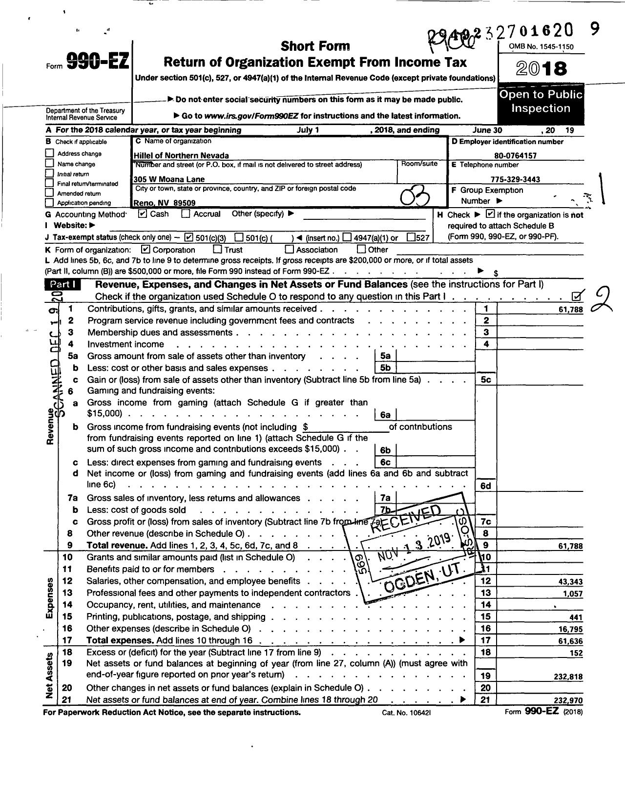 Image of first page of 2018 Form 990EZ for Hillel of Northern Nevada