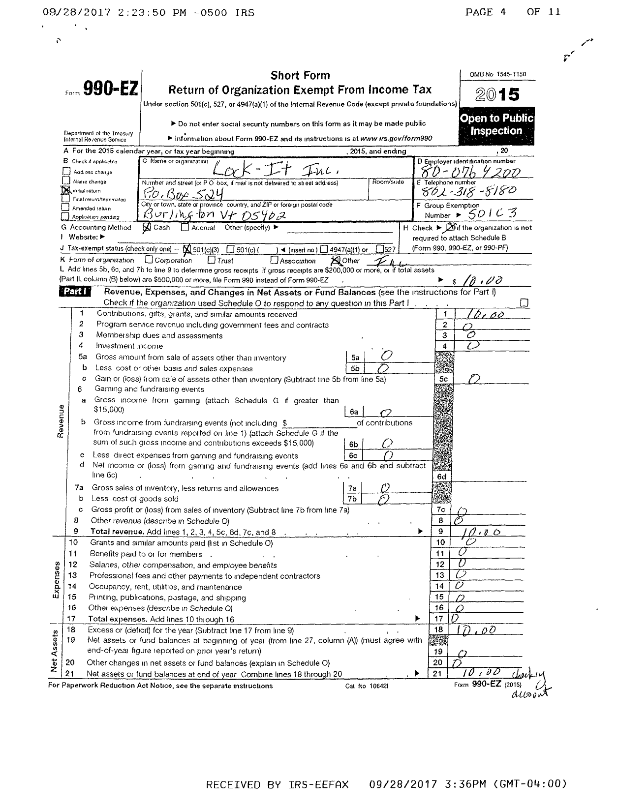 Image of first page of 2015 Form 990ER for Lock-It