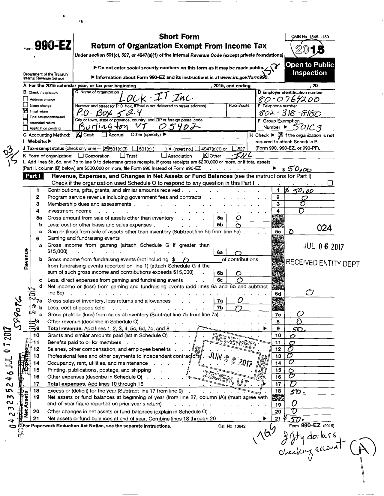 Image of first page of 2015 Form 990EZ for Lock-It