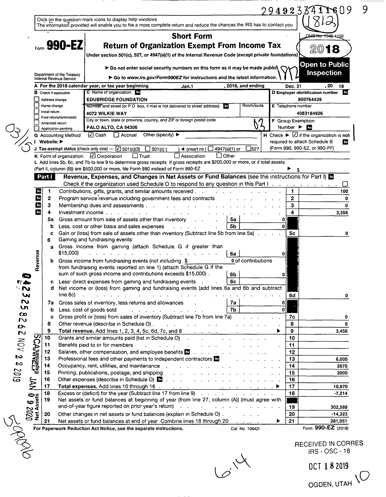 Image of first page of 2018 Form 990EZ for Edubridge Foundation