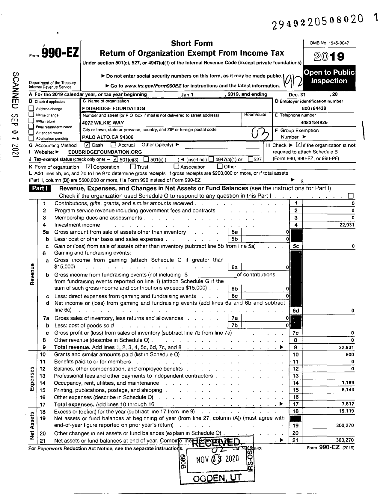 Image of first page of 2019 Form 990EZ for Edubridge Foundation