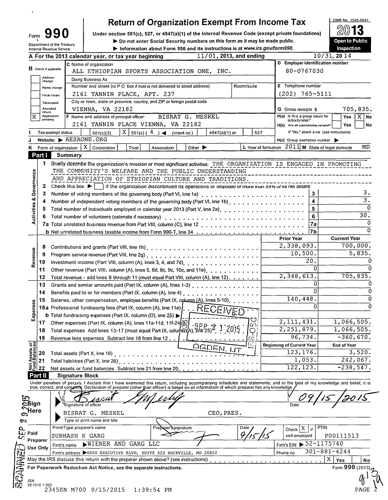 Image of first page of 2013 Form 990O for All Ethiopian Sports Association One