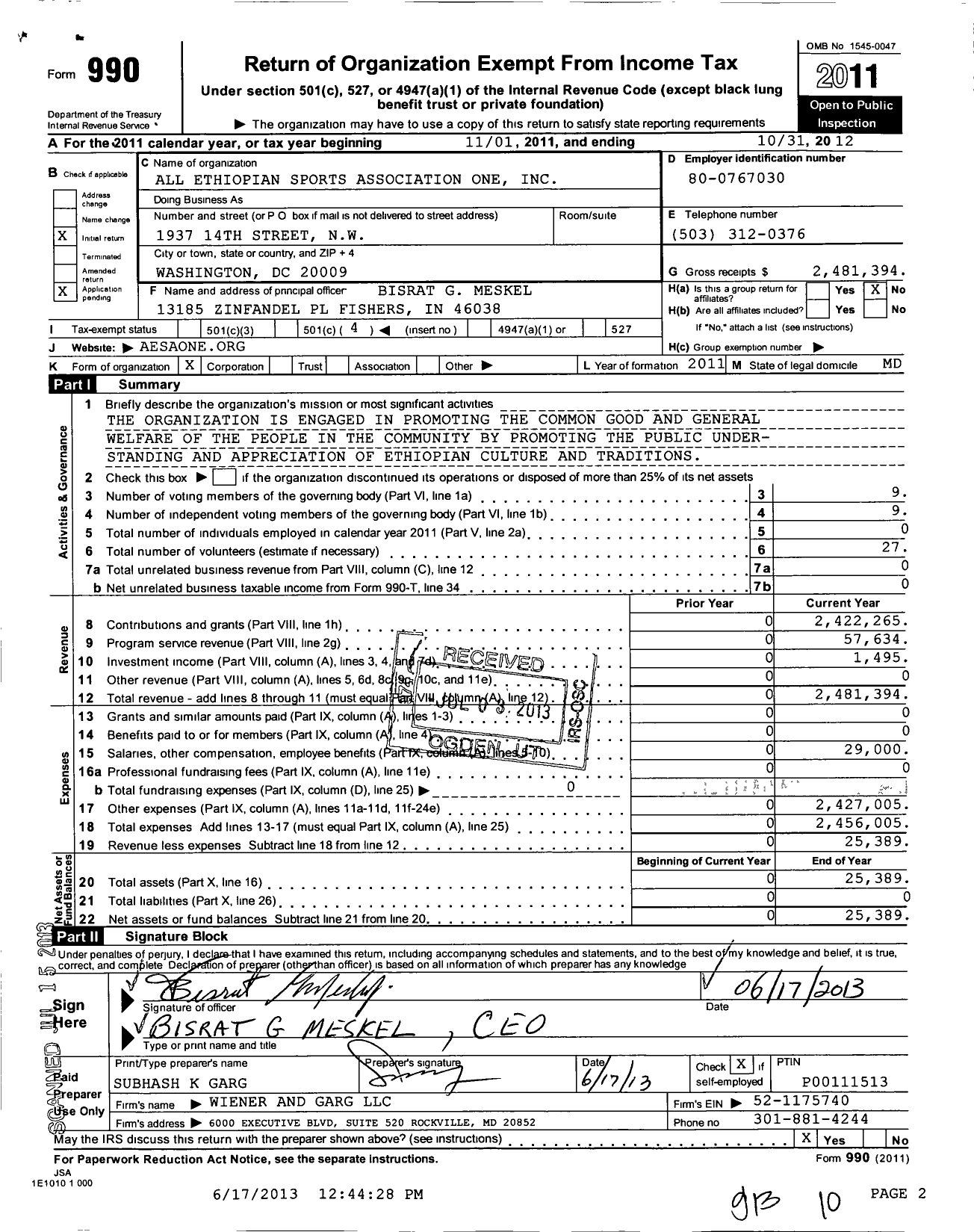 Image of first page of 2011 Form 990O for All Ethiopian Sports Association One